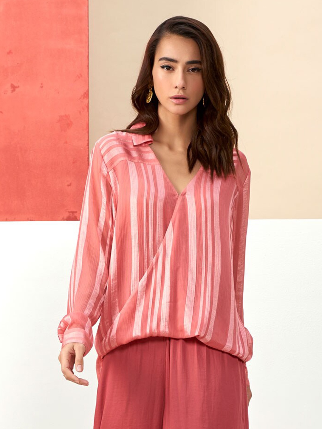 

Style Island Women Striped Shirt Style Longline Top, Pink