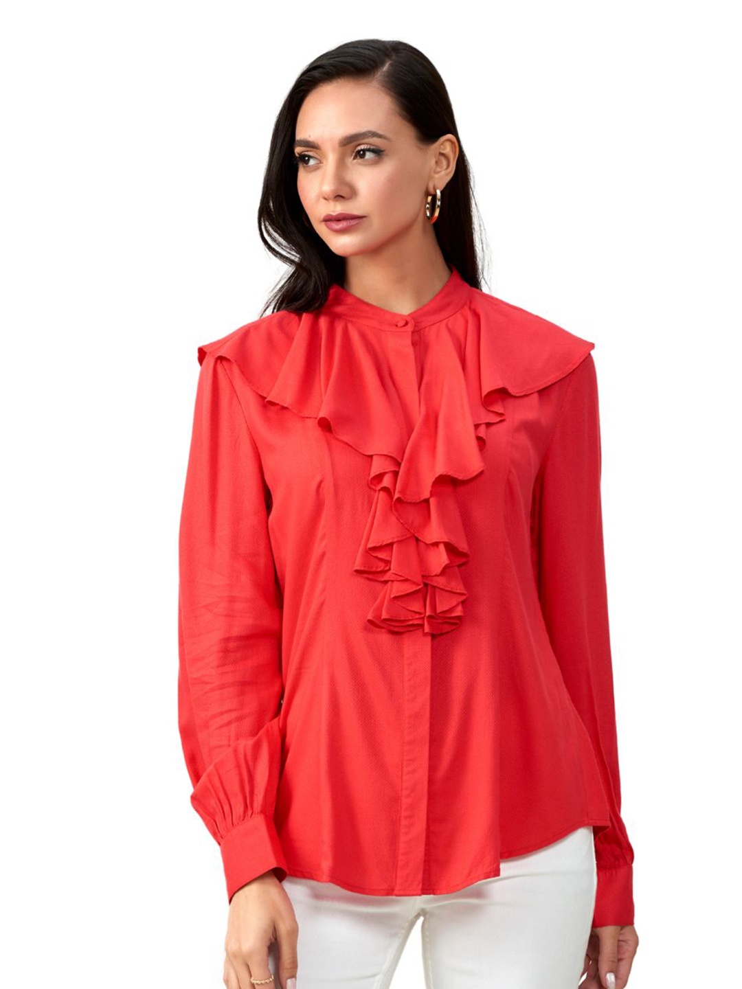

Style Island Women Red Mandarin Collar Ruffles Shirt Style Top