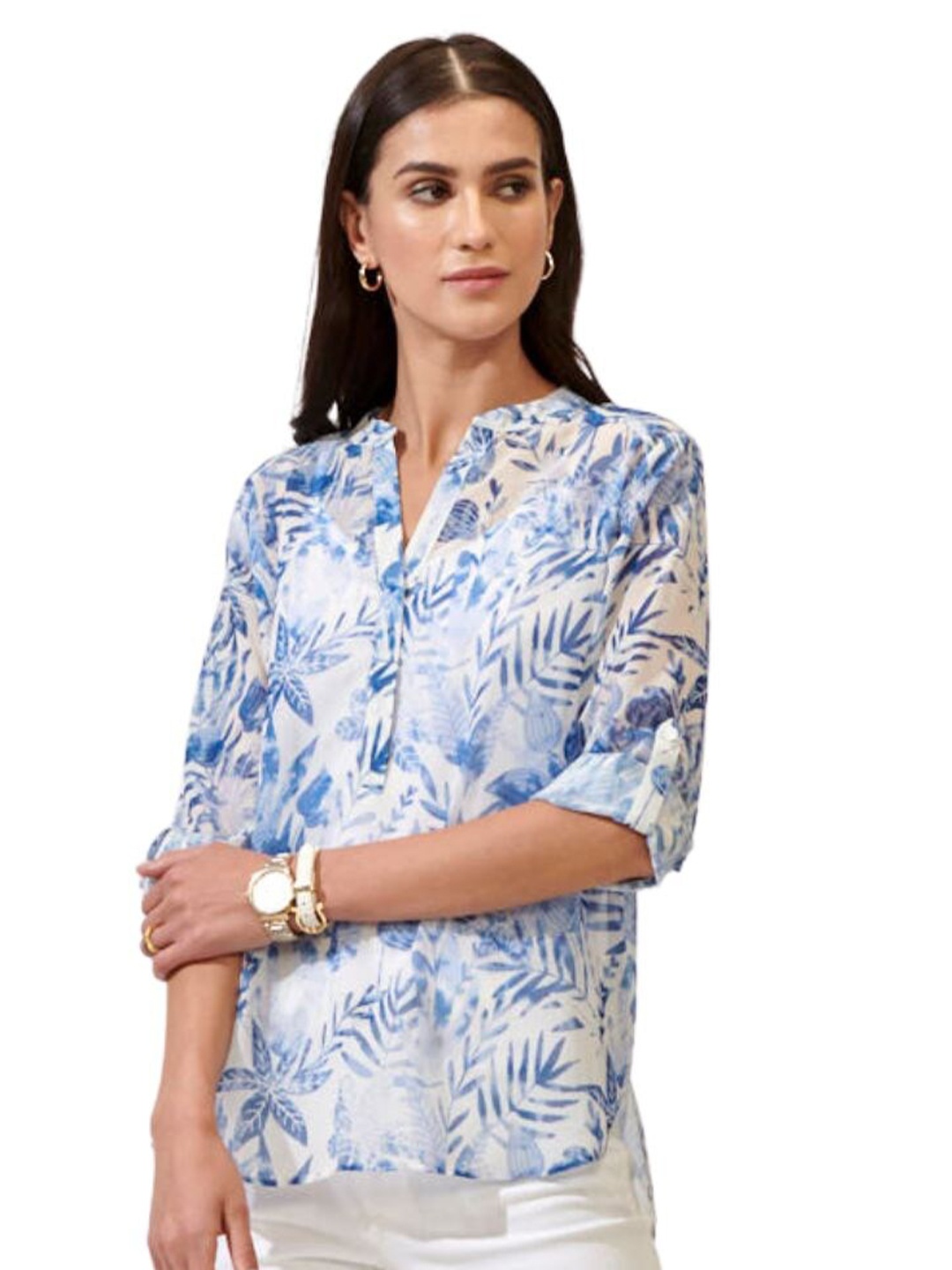 

Style Island Women Floral Print Mandarin Collar Top, Blue