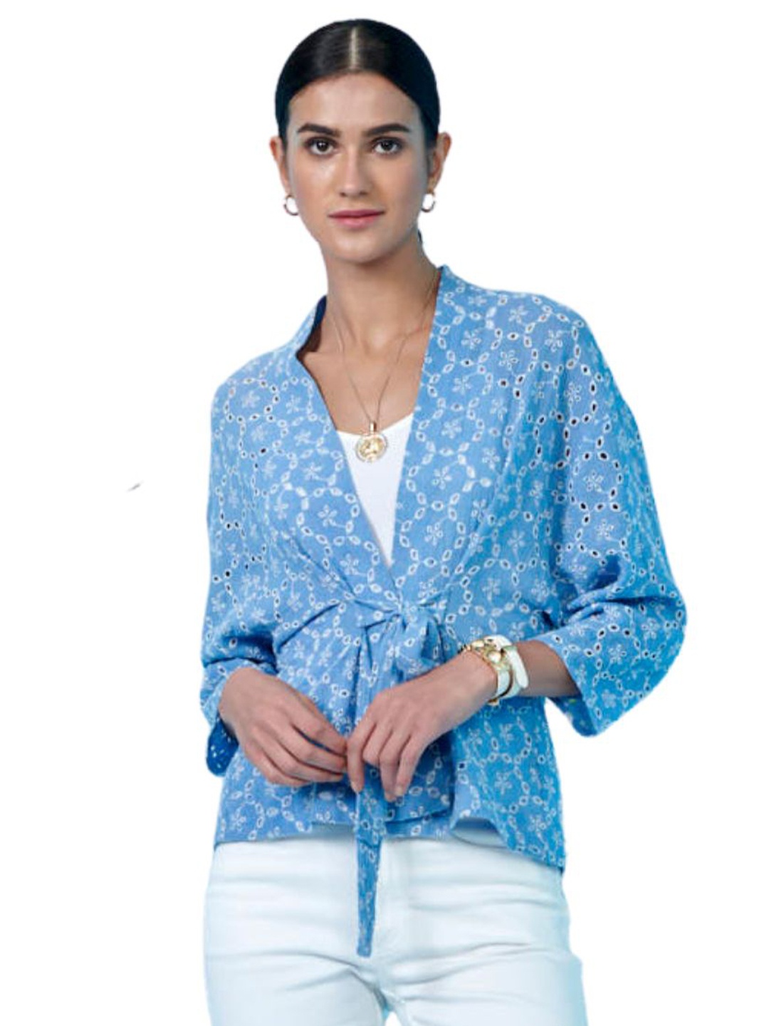 

Style Island Women Floral Print Cotton Wrap Top, Blue