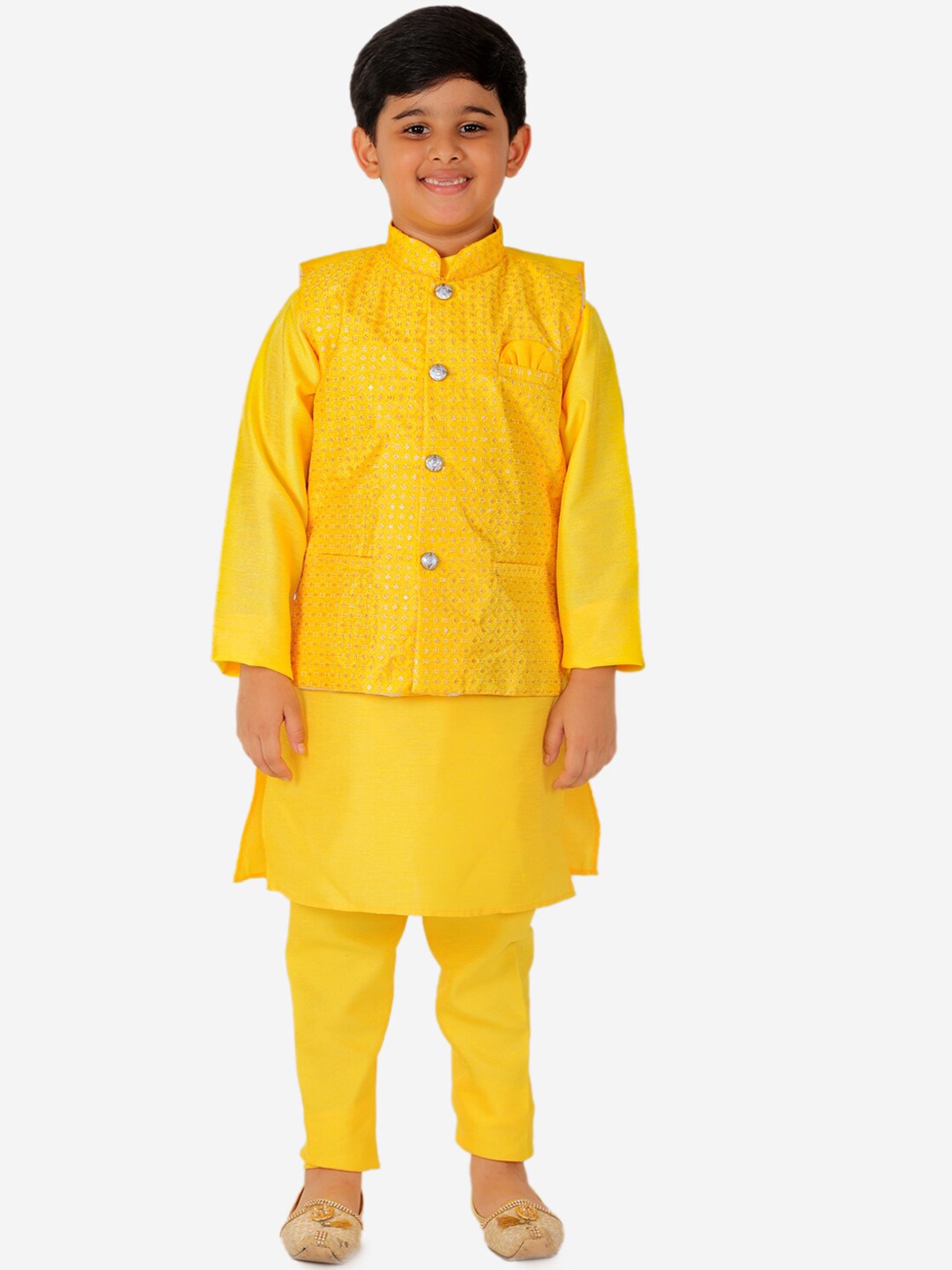 

Pro-Ethic STYLE DEVELOPER Boys Yellow Ethnic Motifs Pure Silk Kurta with Pyjamas