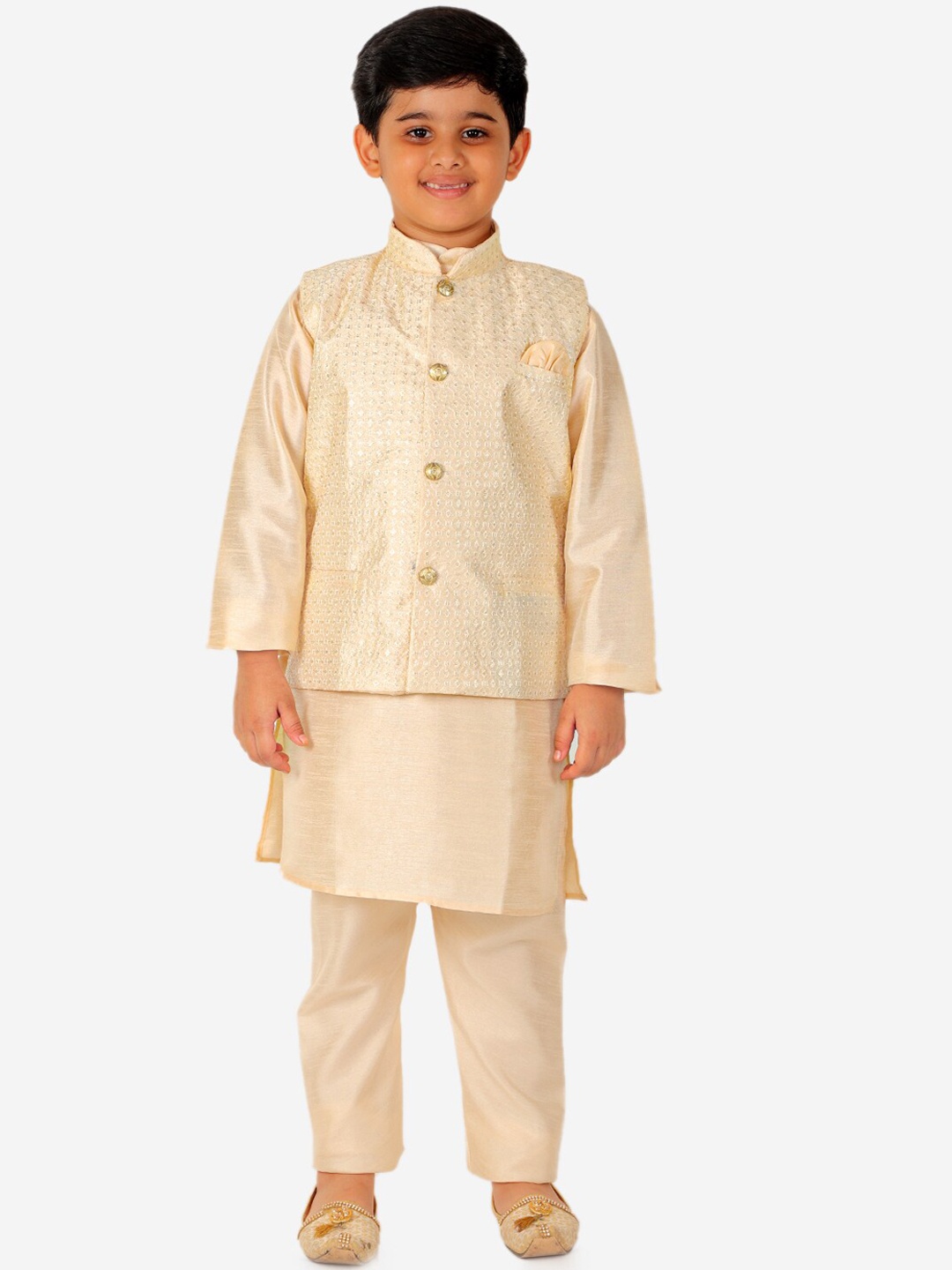 

Pro-Ethic STYLE DEVELOPER Boys Pure Silk Kurta with Pyjamas & Nehru jacket, White