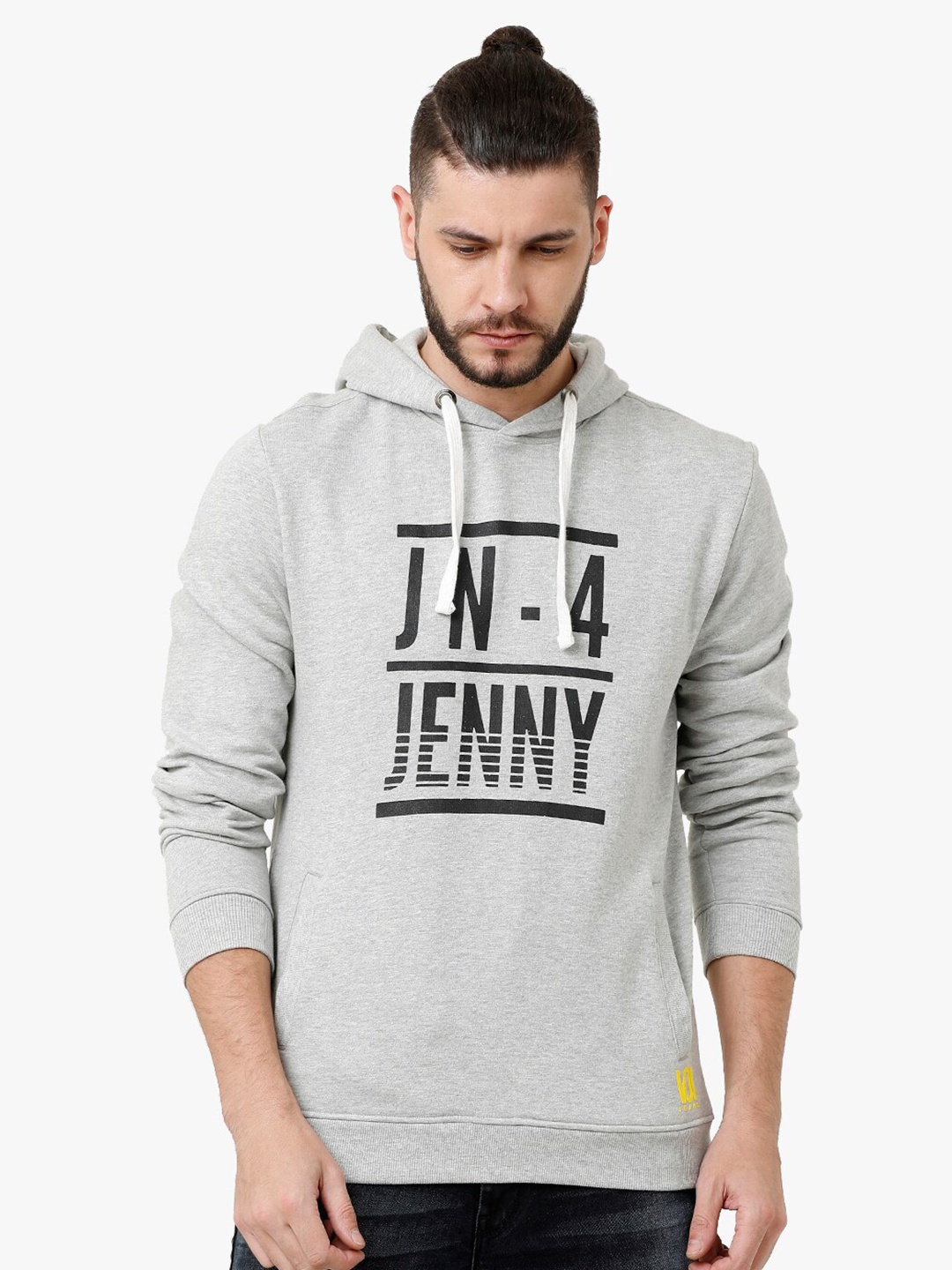

Voi Jeans Men Grey Printed Hooded Sweatshirt