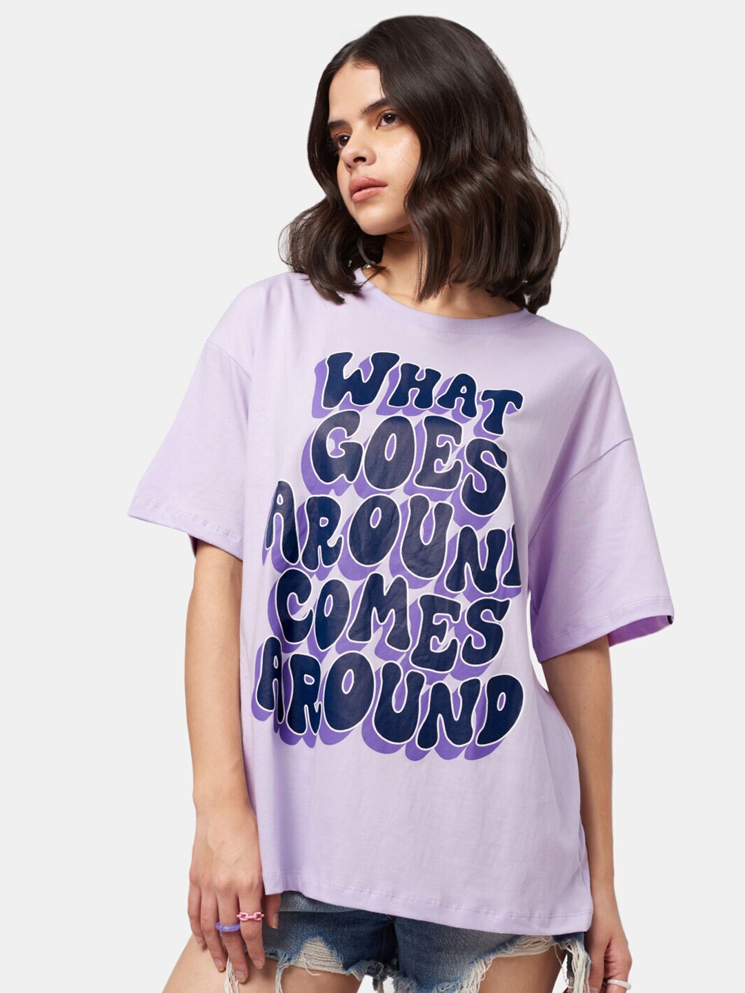 

The Souled Store Women Lavender What Goes Around Comes Around Typography Oversized T-Shirt