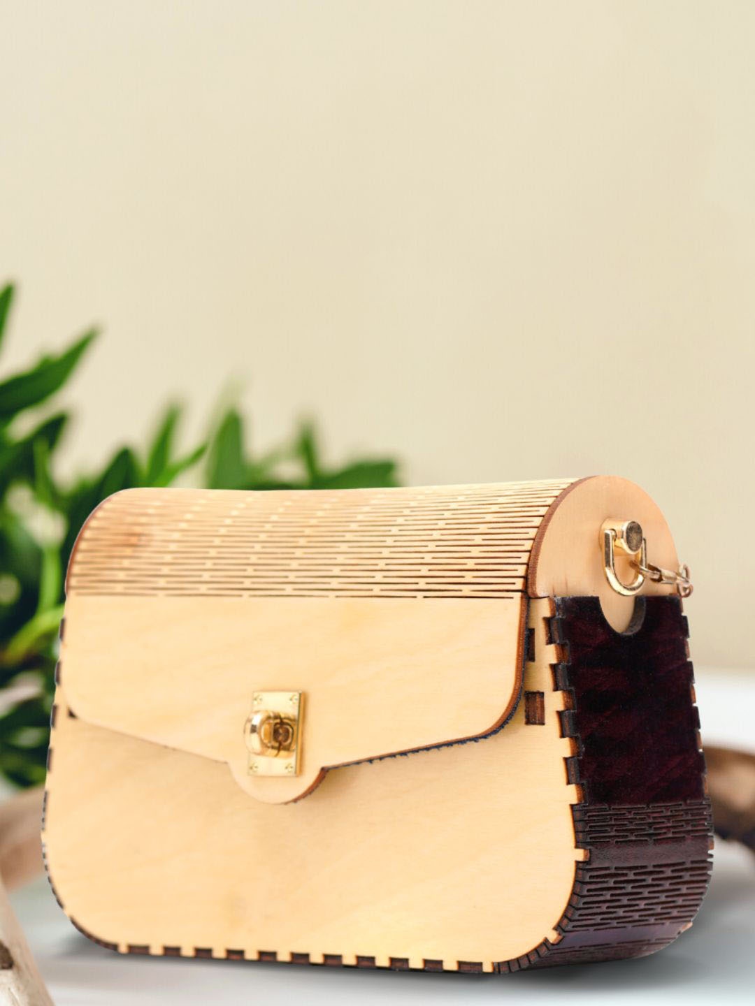 

scherico Beige Striped Wooden Sling Bag