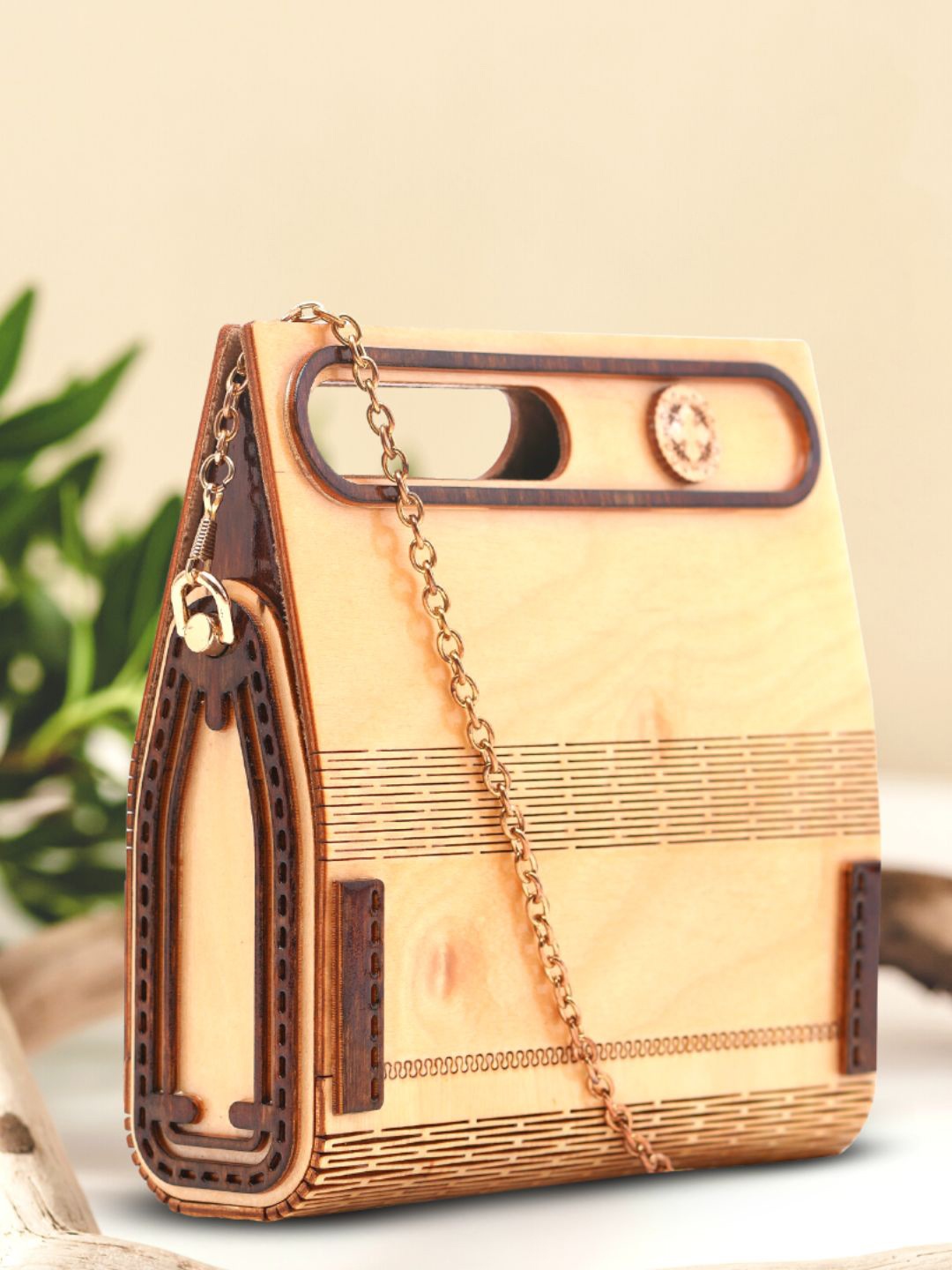 

scherico Beige Wooden Structured Wooden Sling Bag