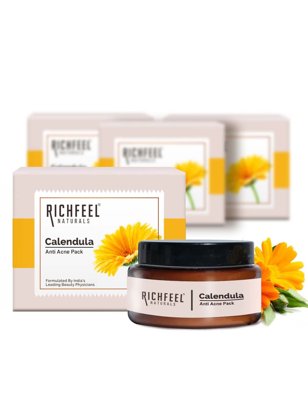 

Richfeel Set Of 4 Calendula Anti-Acne Face Pack with Kaolin Clay - 50g each, Beige