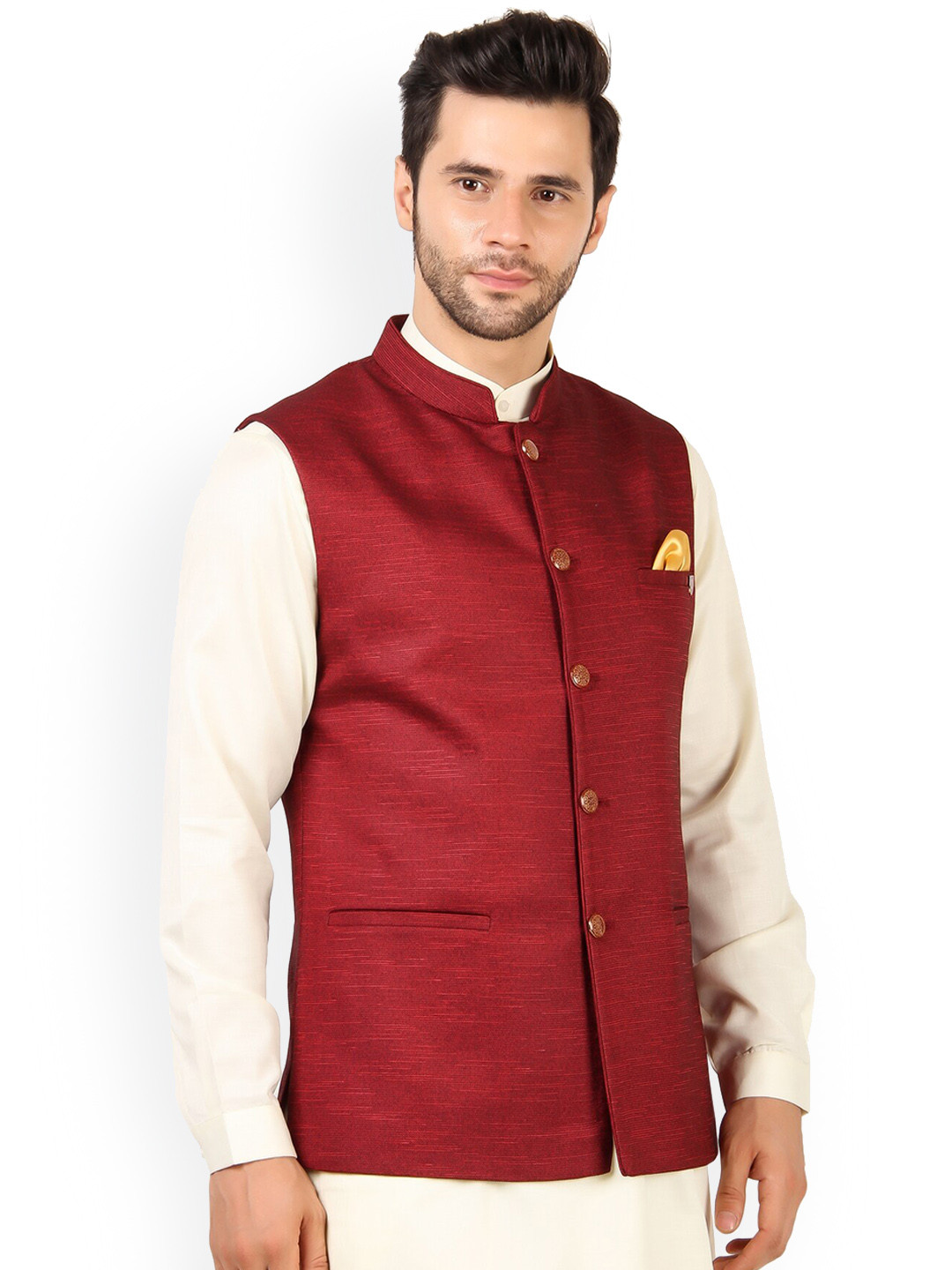 

MAXENCE Men Red Solid Linen Nehru Jacket