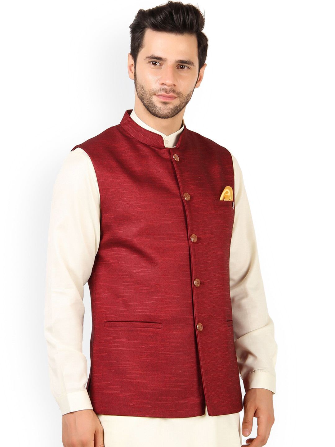 

MAXENCE Men Red Solid Linen Nehru Jacket