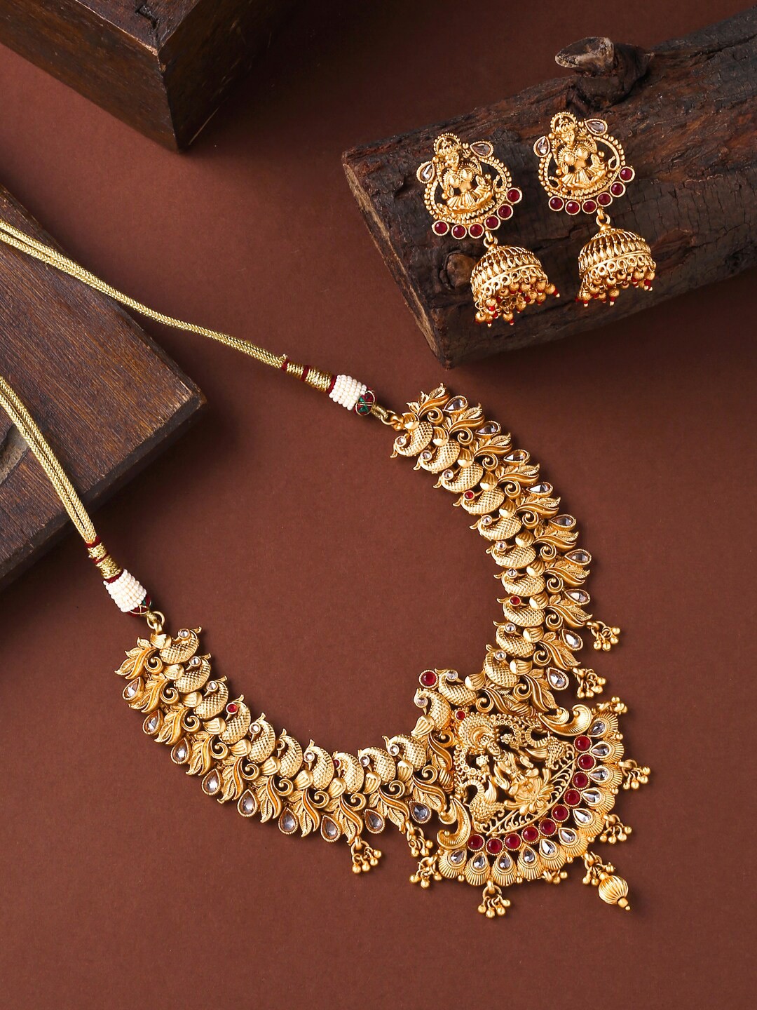 

VIRAASI Gold-Plated & Red Artificial Stones and Beads Jewellery Set
