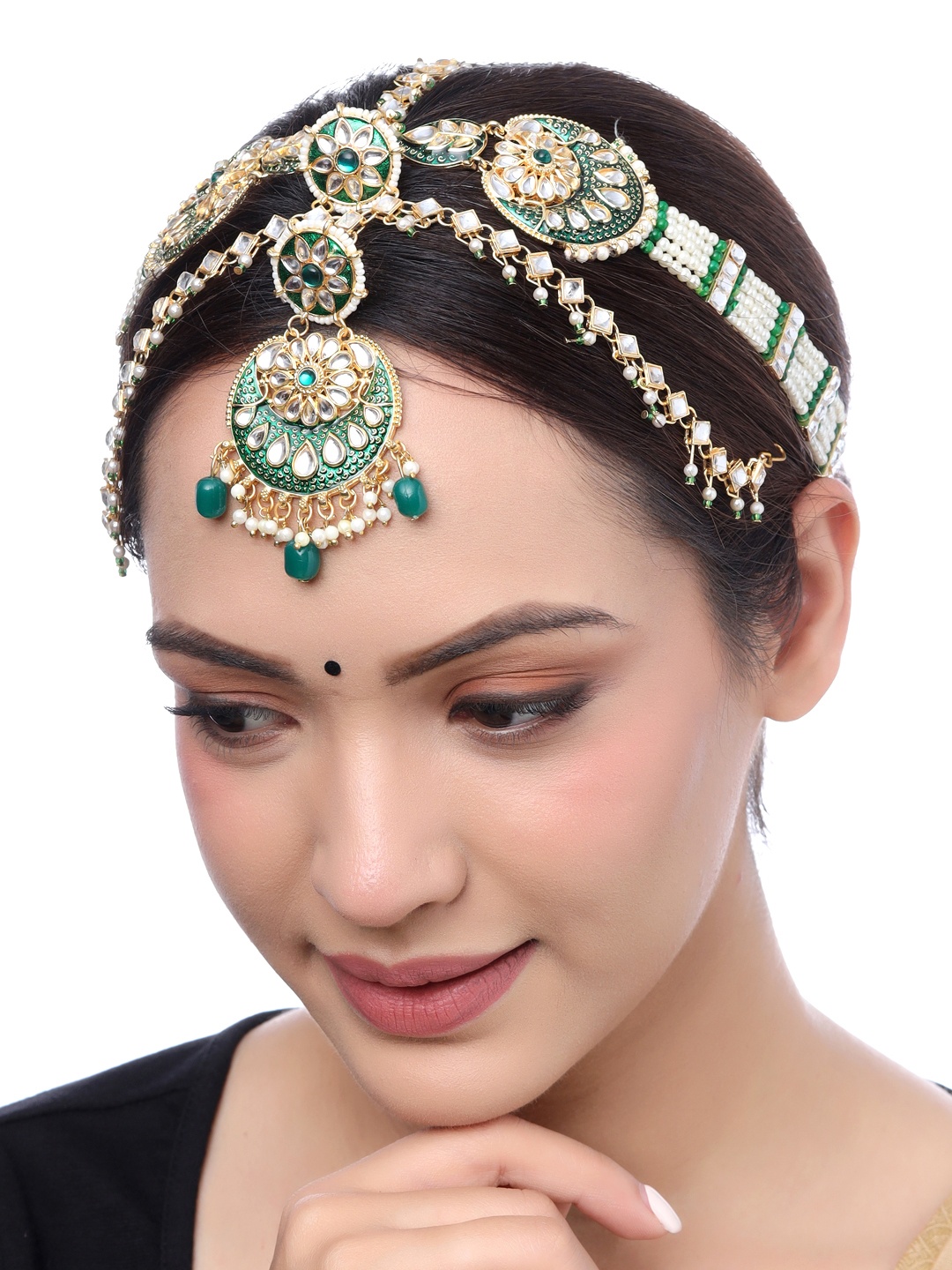 

Yellow Chimes Gold-Plated Green Kundan Studded & Beaded Multilayered Mathapathi