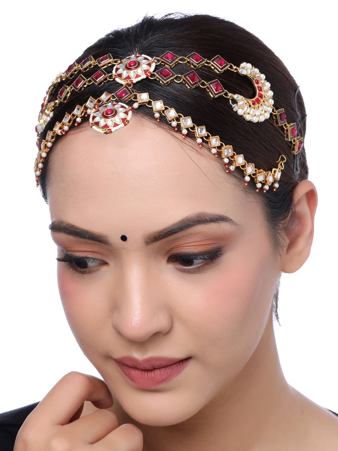 

Yellow Chimes Gold-Plated Gold-Toned Red Kundan Studded & Beaded Maang Tikka Head Jewellery