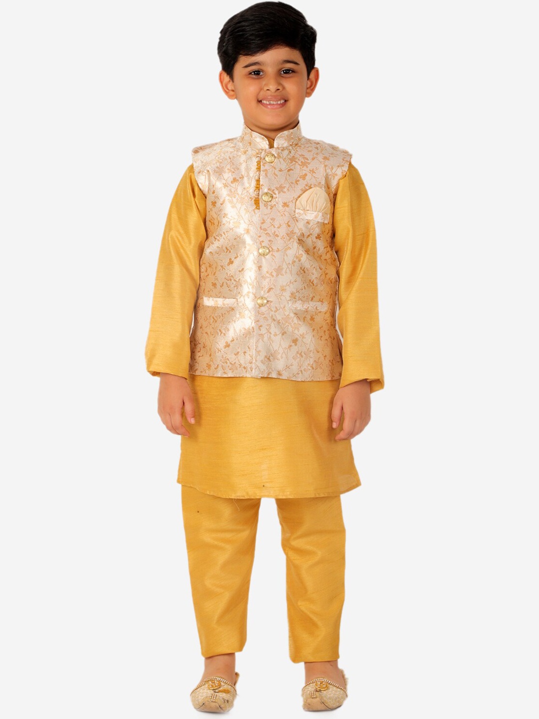 

Pro-Ethic STYLE DEVELOPER Boys Solid Pure Silk Kurta With Pyjama And Woven Design Jacket, Yellow