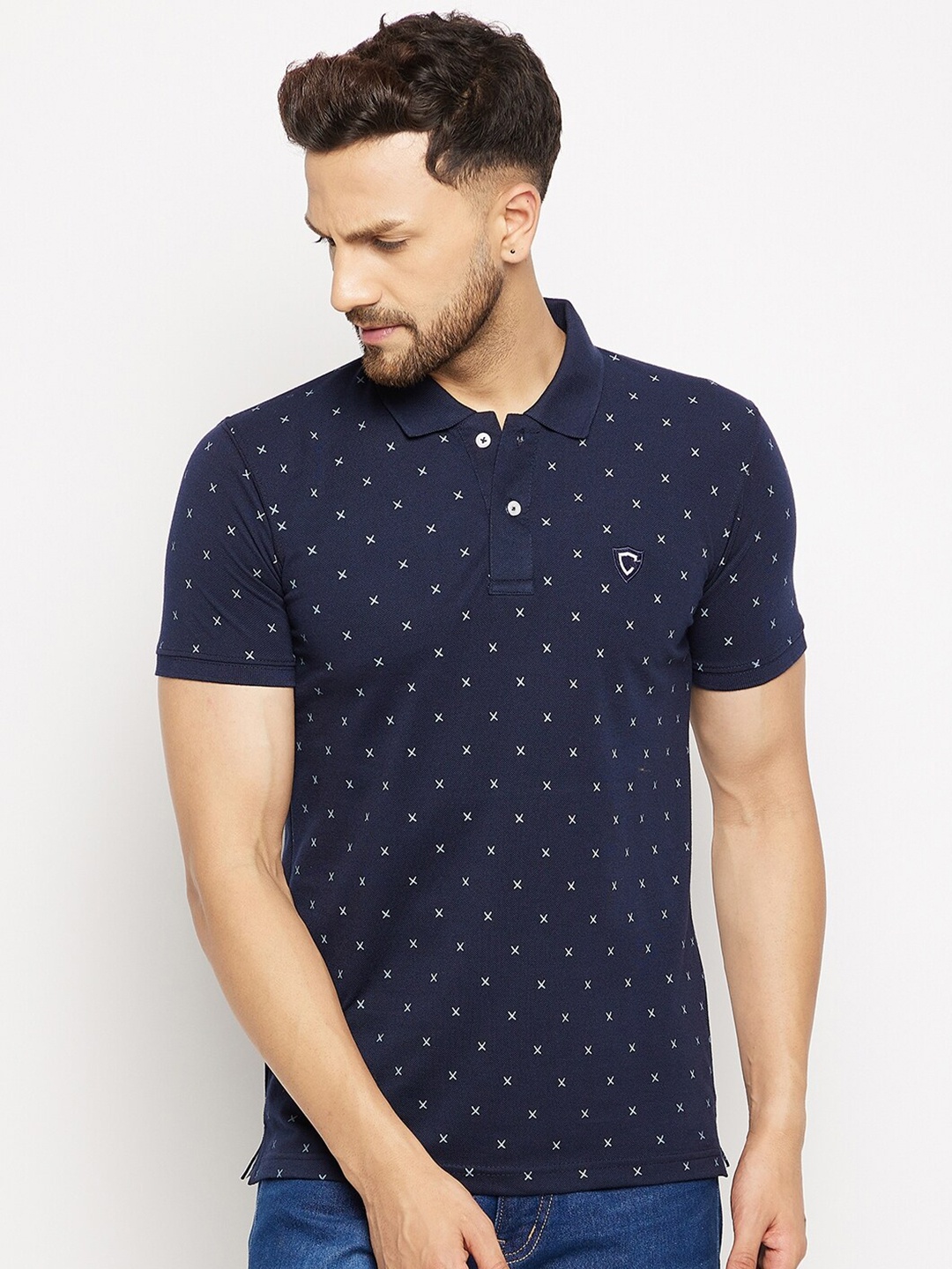 

Camey Men Blue Printed Polo Collar T-shirt