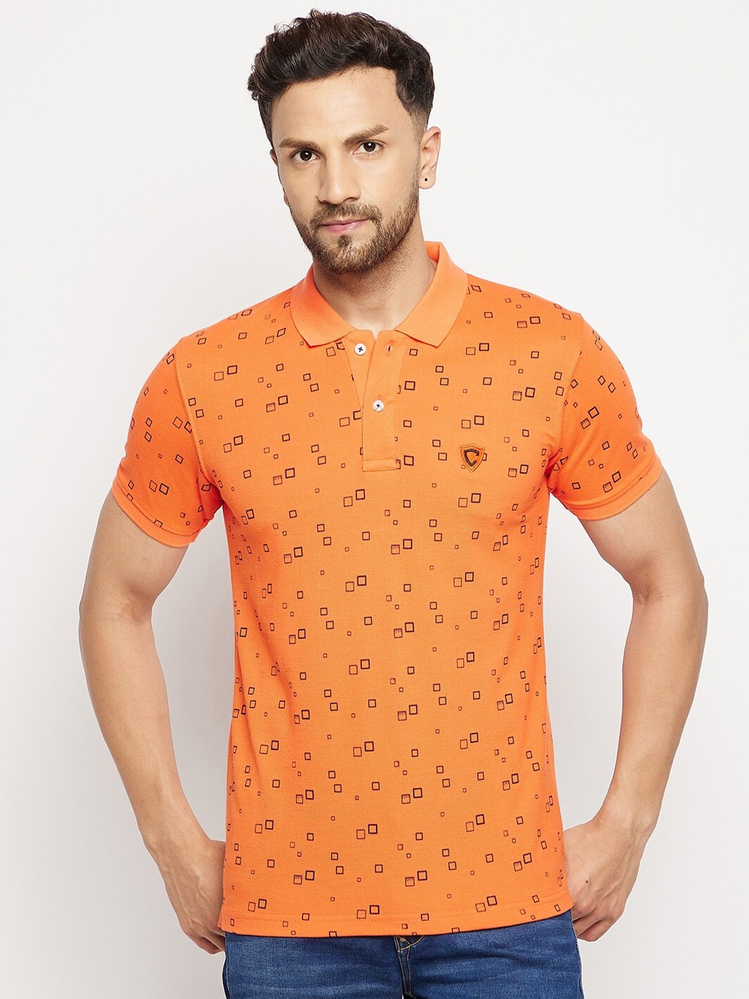 

Camey Men Orange Printed Polo Collar T-shirt