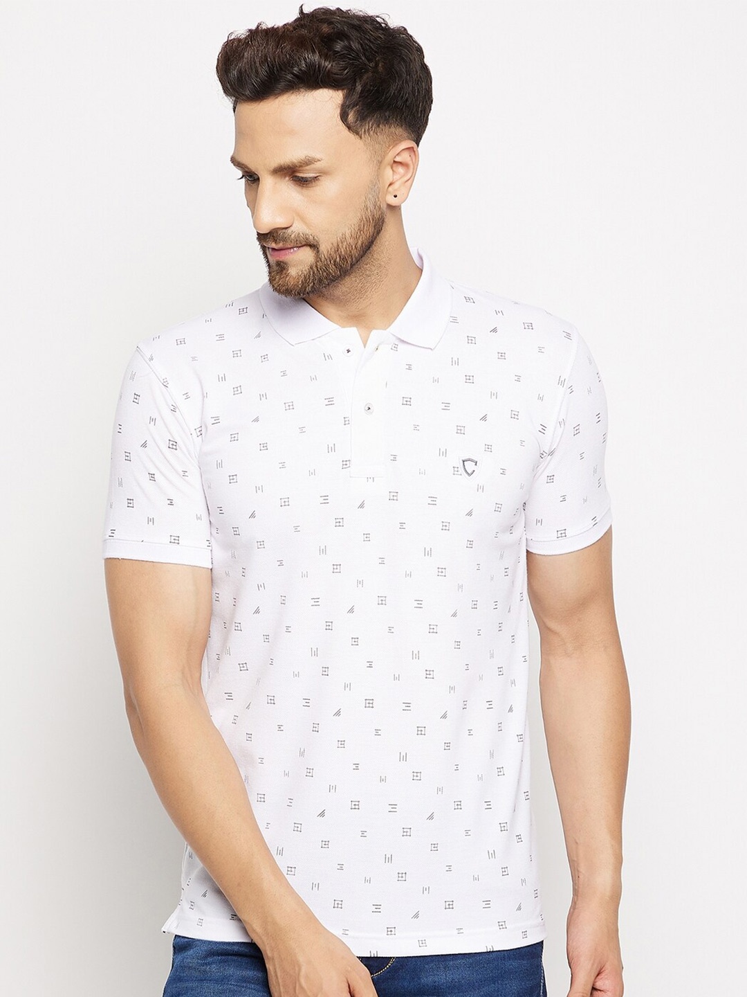 

Camey Men White Printed Polo Collar T-shirt