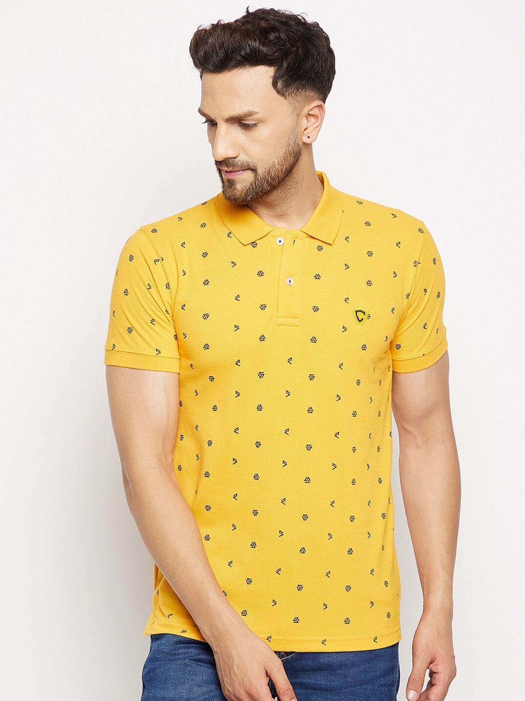 

Camey Men Mustard Yellow Printed Polo Collar T-shirt
