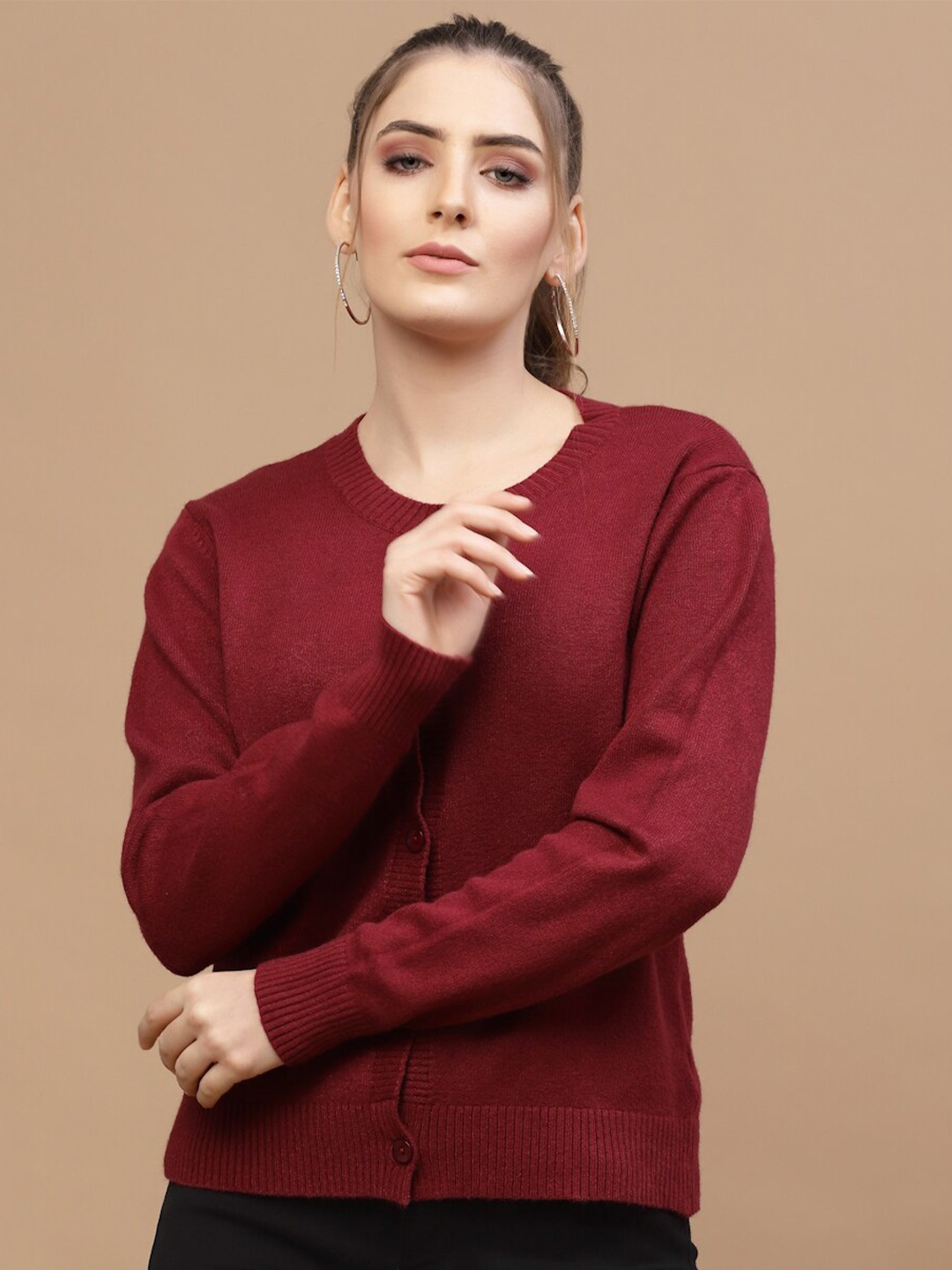 

Mafadeny Women Maroon Solid Full Sleeves Front Button Cardigan Sweater