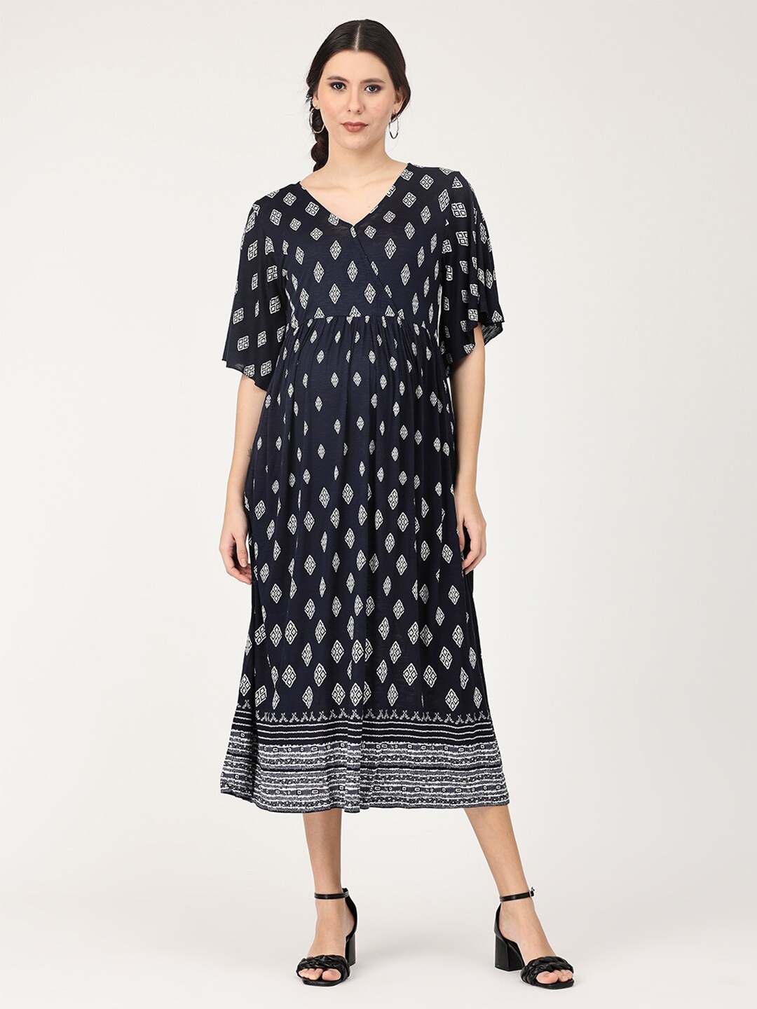 

The Mom Store Women Navy Blue & White Printed Cotton Maternity A-Line Midi Dress