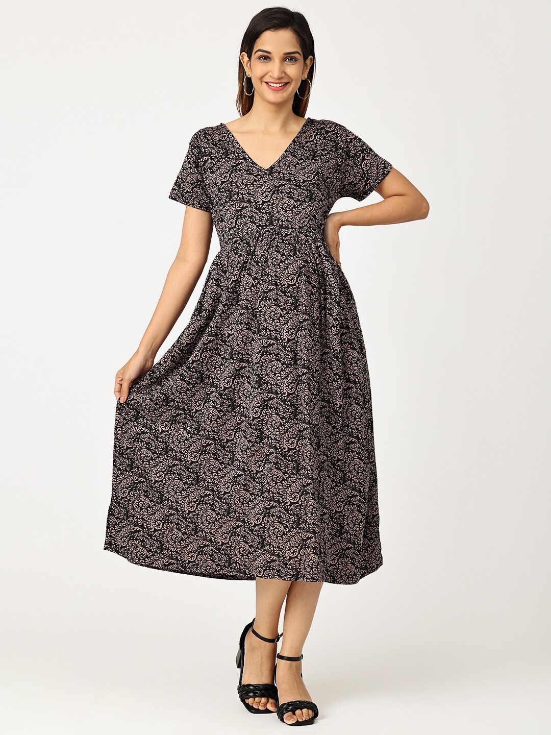 

The Mom Store Women Black & Brown Printed Cotton Maternity A-Line Midi Dress