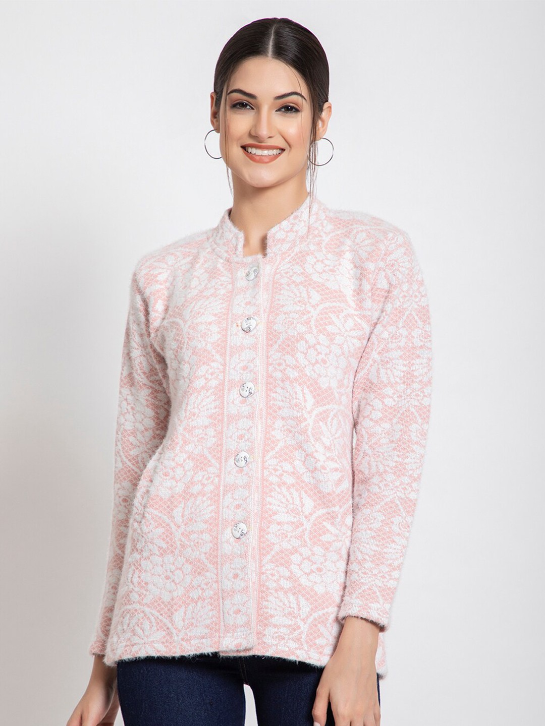 

TYSORT Self Design Floral Woolen Cardigans Sweaters, White