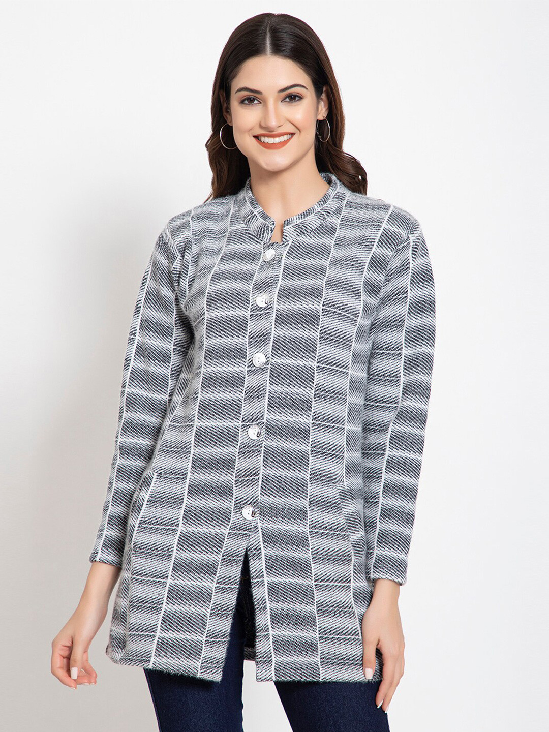 

TYSORT Women Grey Self Design Woolen Longline Cardigan