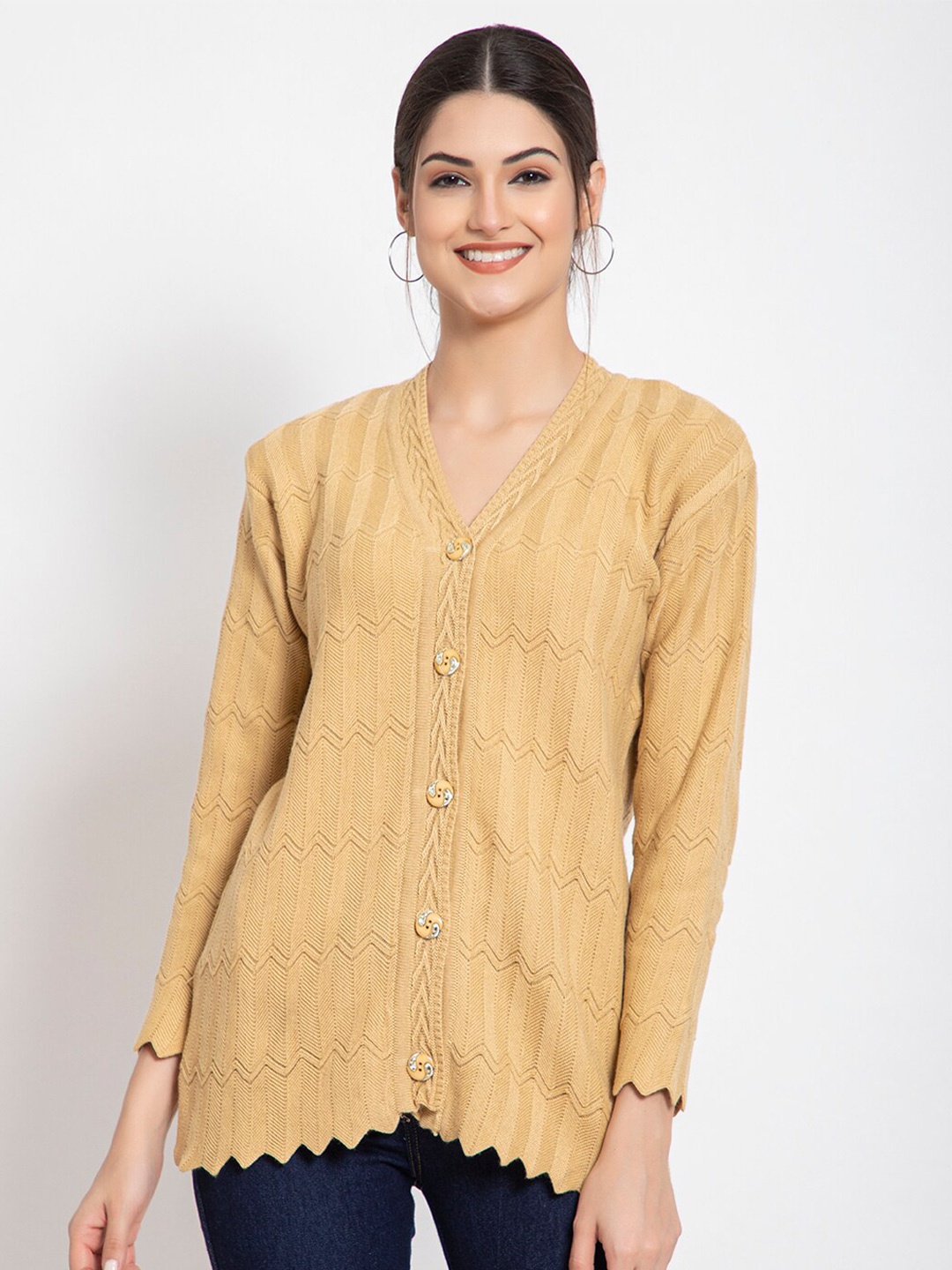 TYSORT Acrylic Self Design Full Sleeves V Neck Woolen Cardigans Sweaters, Beige