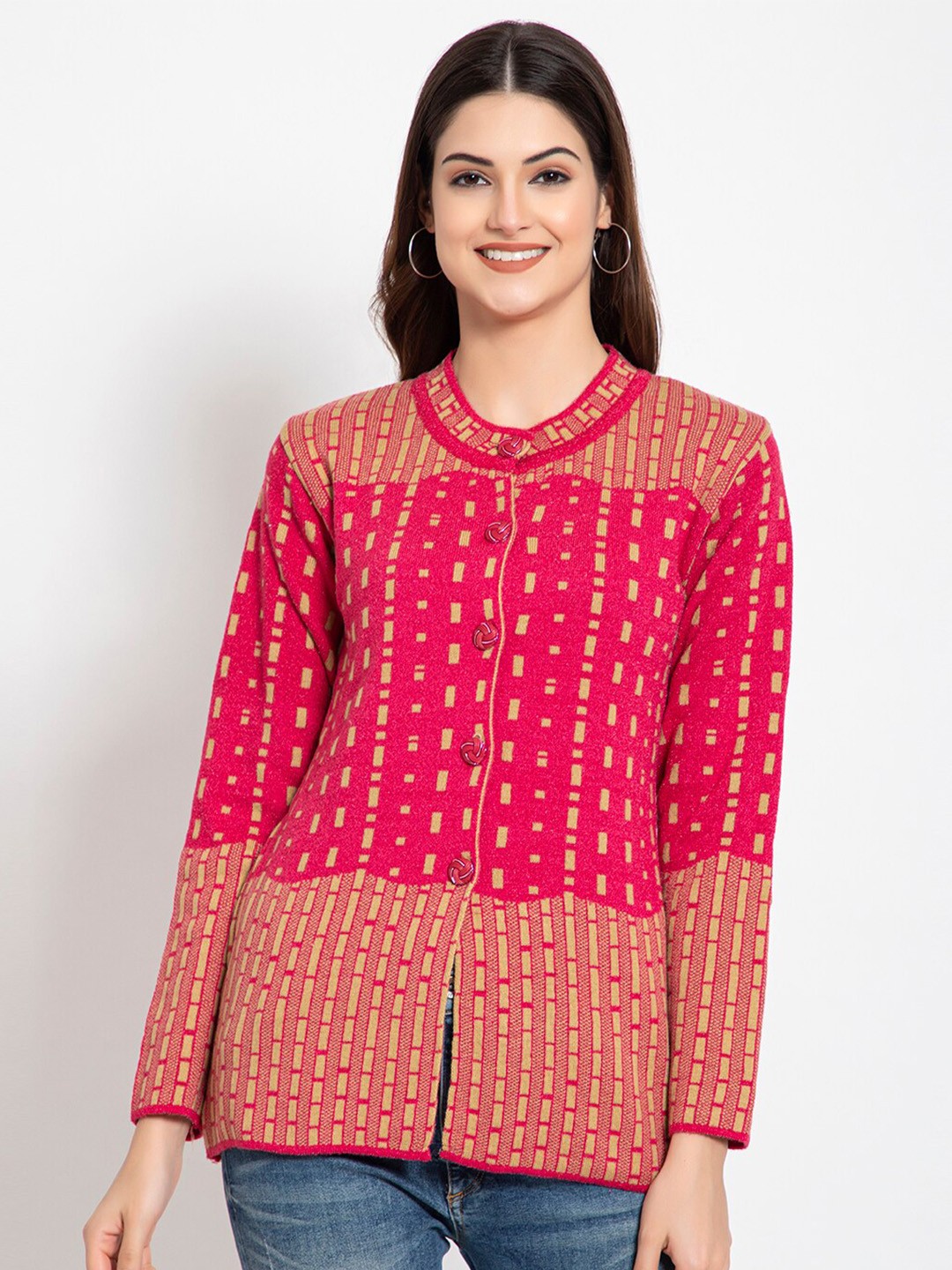 

TYSORT Women Pink And Yellow Geometric Self Design Woolen Cardigan