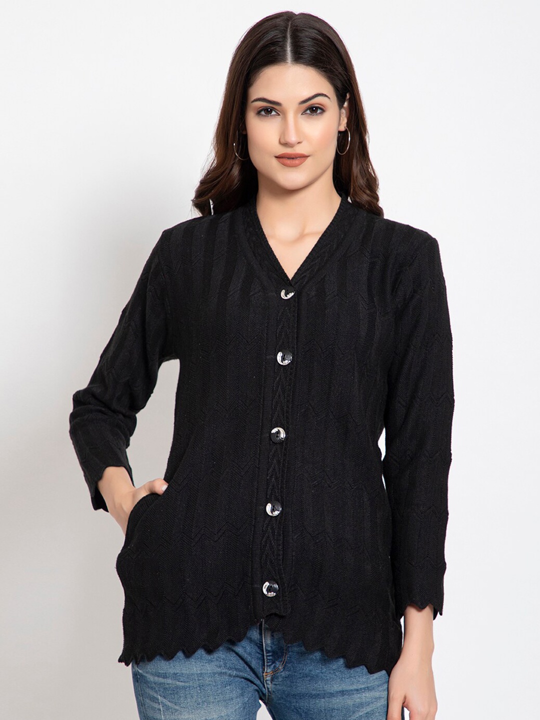 

TYSORT Self Design Full Sleeves Asymmetric Hem Woolen Cardigan, Black