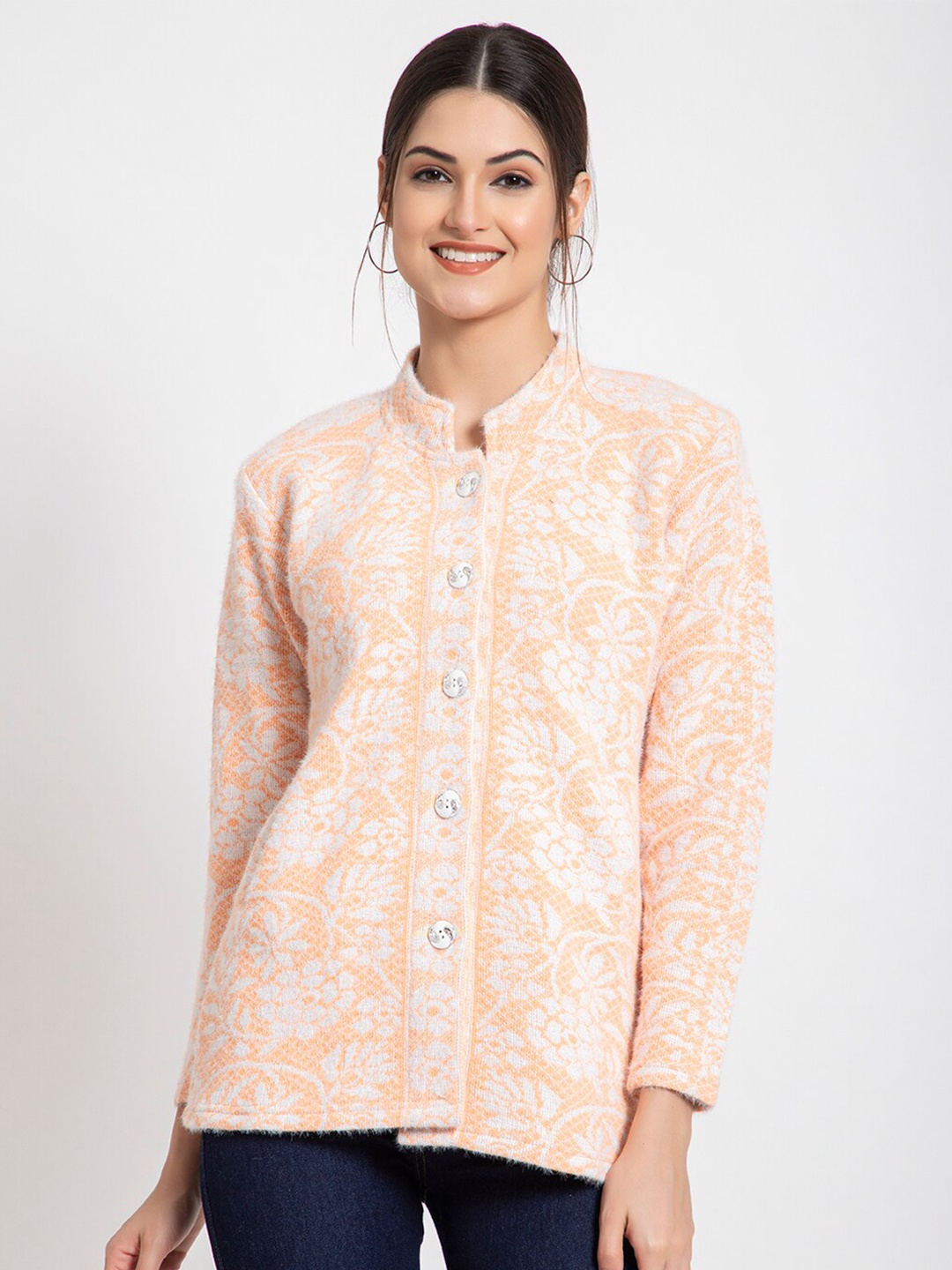 

TYSORT Floral Printed Woolen Cardigan, White