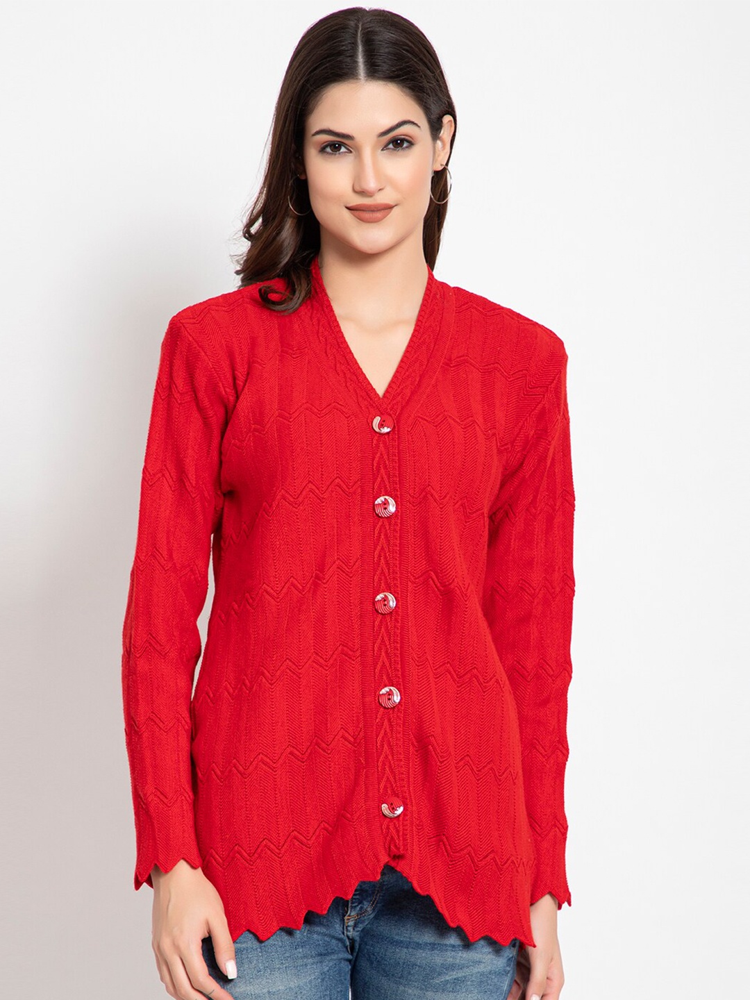 

TYSORT Self Design V Neck Full Sleeves High-Low Hem Woolen Cardigan, Red
