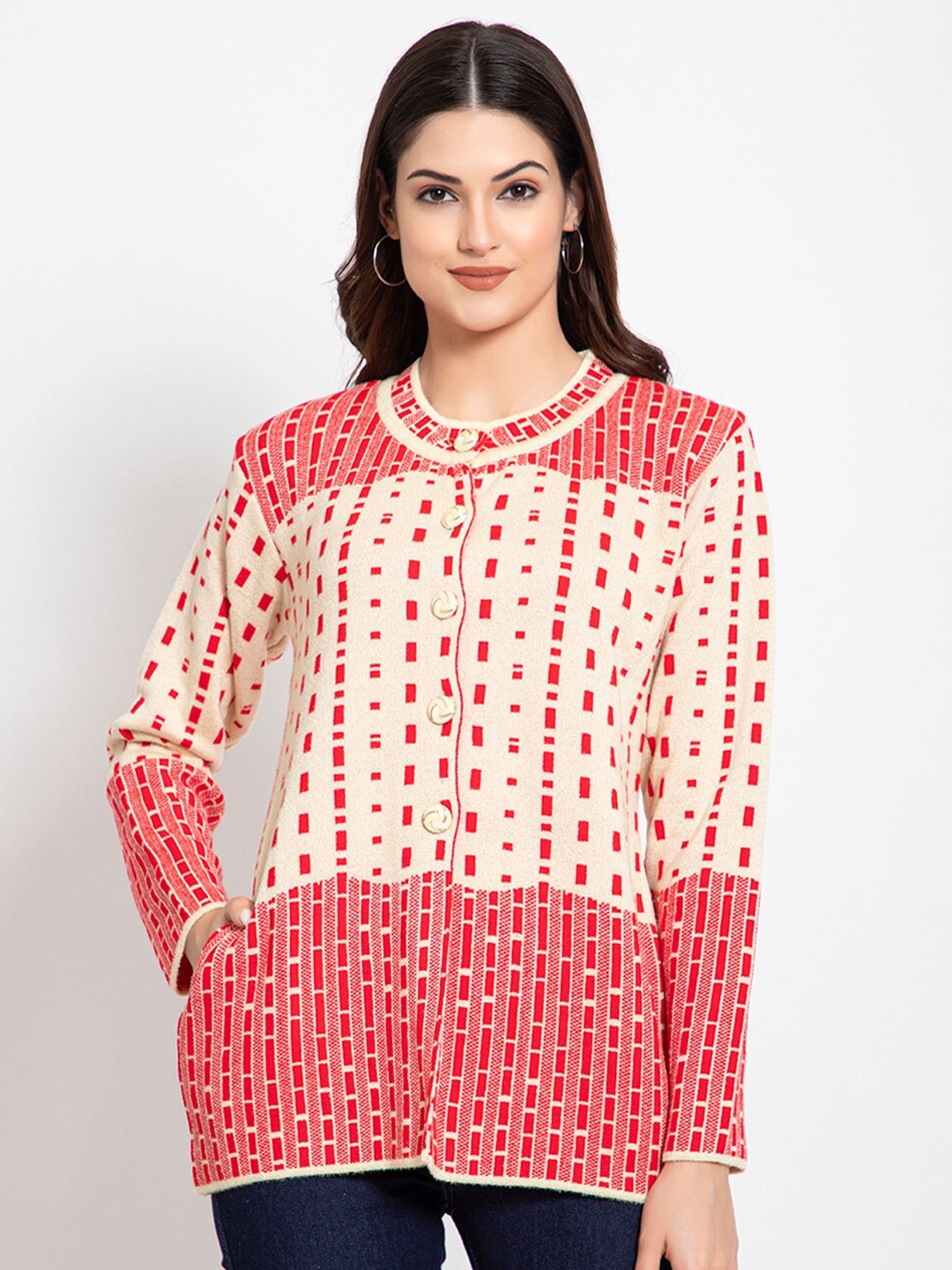 

TYSORT Women Off White And Red Geometric Self Design Woolen Cardigan