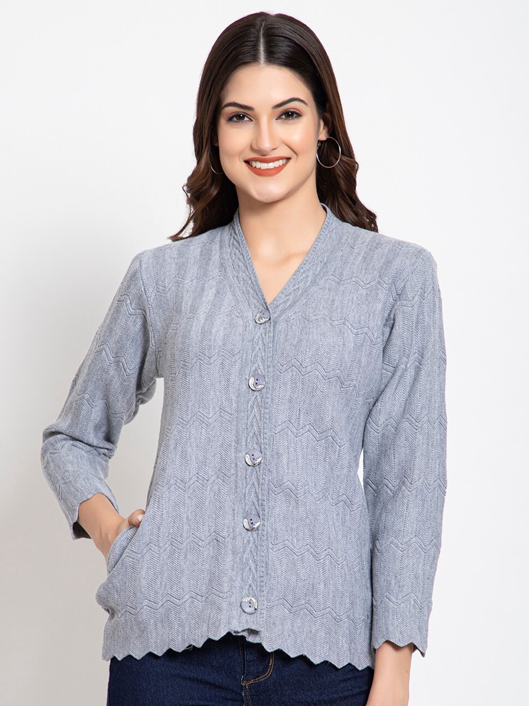 

TYSORT Acrylic Self Design Asymmetric Hem Woolen Cardigans Sweaters, Grey