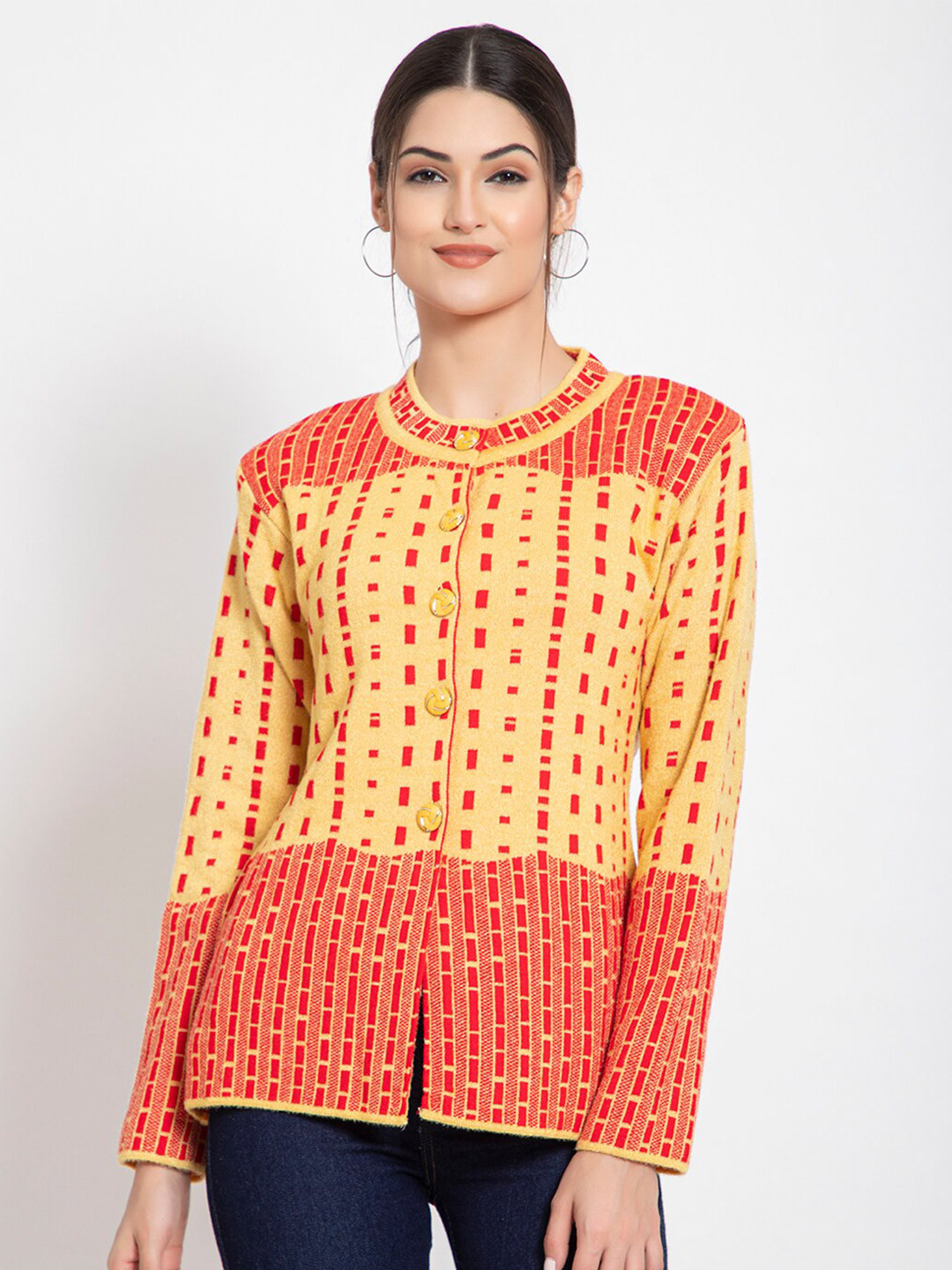 

TYSORT Women Yellow And Red Geometric Print Woolen Cardigan