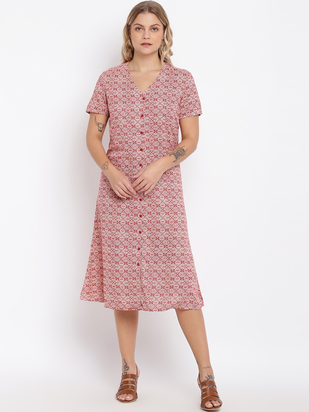 

abof Red Ethnic Motifs V-Neck A-Line Midi Dress