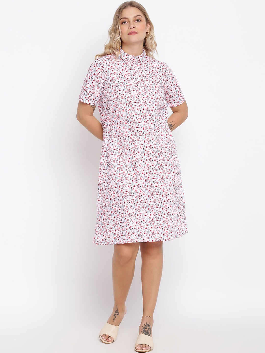 

abof Off White Floral Printed Collar Dress