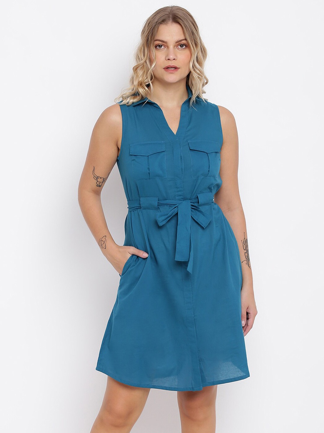 

abof Blue Mandarin Collar Solid Shirt Dress