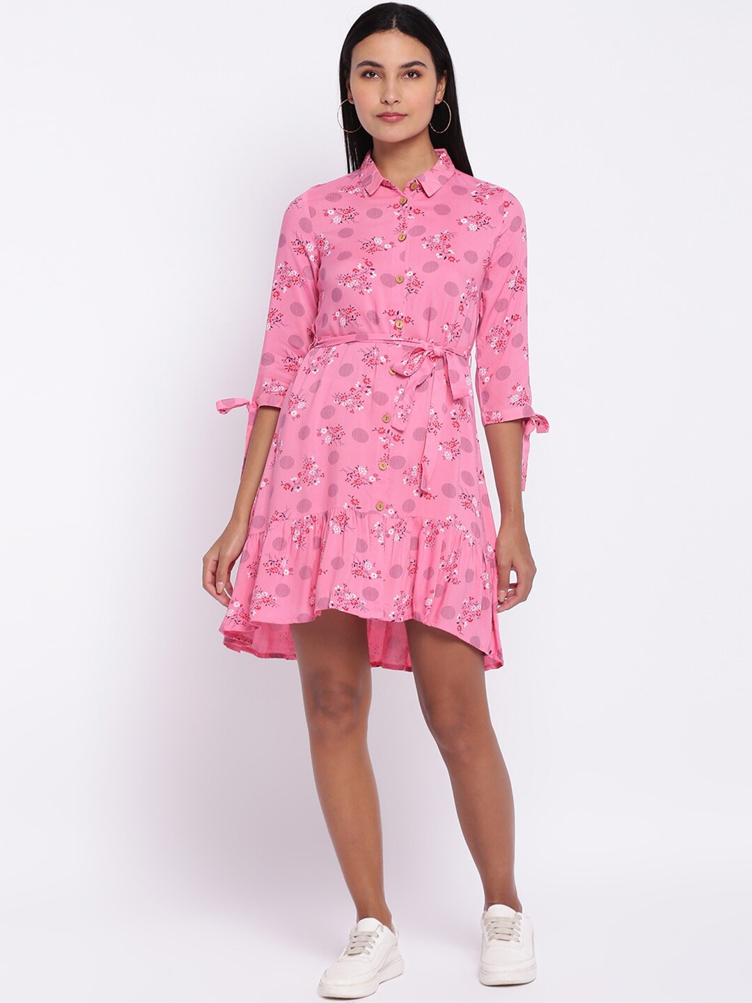 

abof Pink Floral Print Collar Shirt Dress