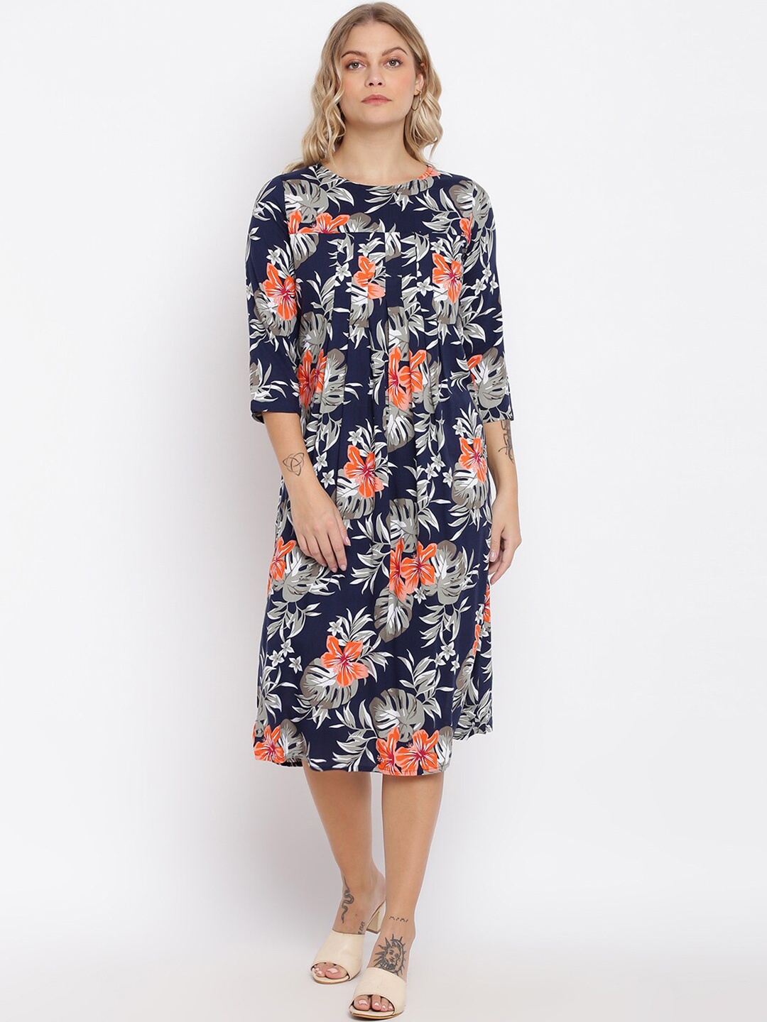 

abof Blue Floral Print Round Neck Dress