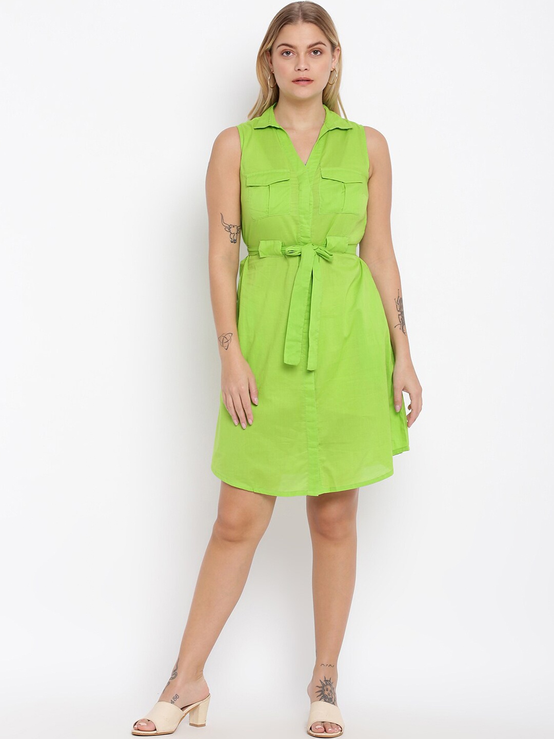 

abof Green Solid Sleeveless Shirt Dress