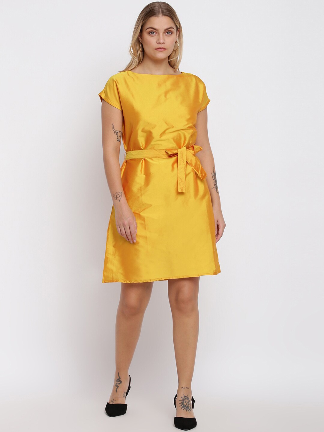 

abof Yellow Solid Boat Neck Sheath Dress