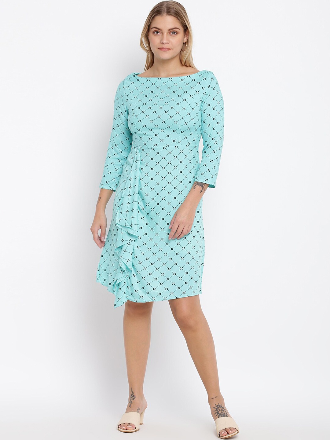 

abof Blue Printed Boat Neck 3/4 Sleeve Sheath Dress