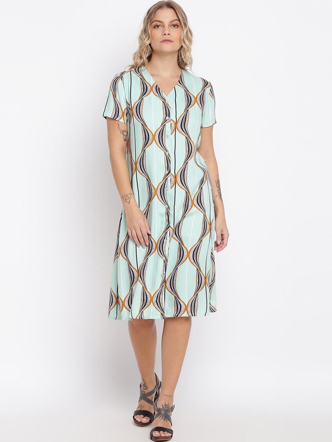 

abof Green Printed V-Neck Sheath Dress