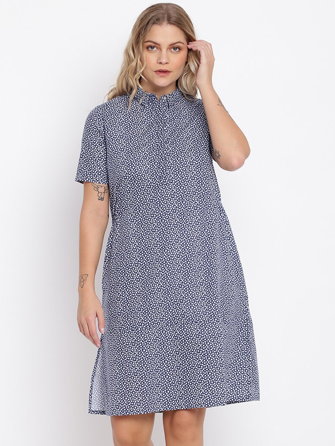 

abof Blue Floral Printed Collared Shirt Dress