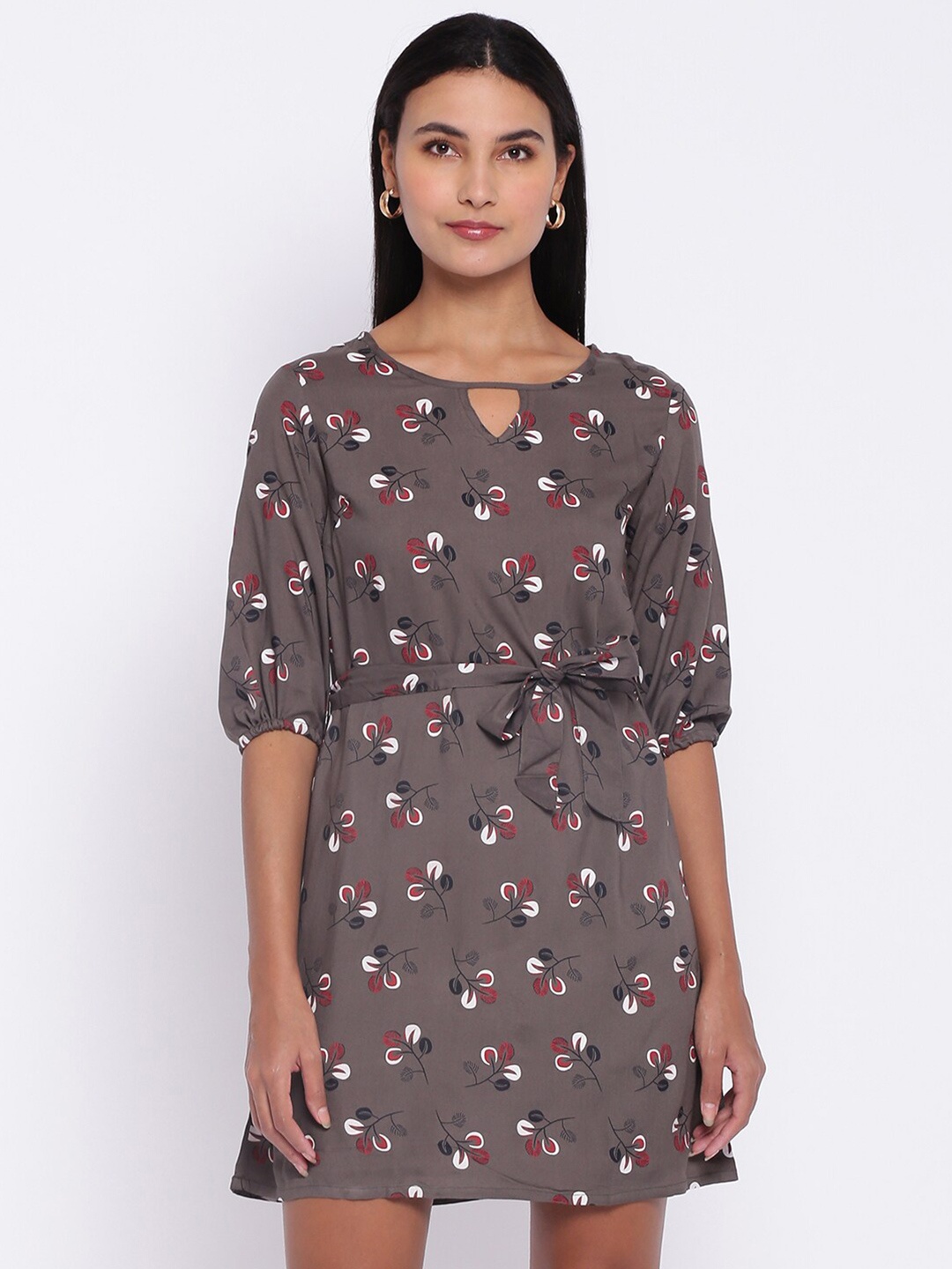 

abof Grey Floral Print Round Neck A-Line Dress