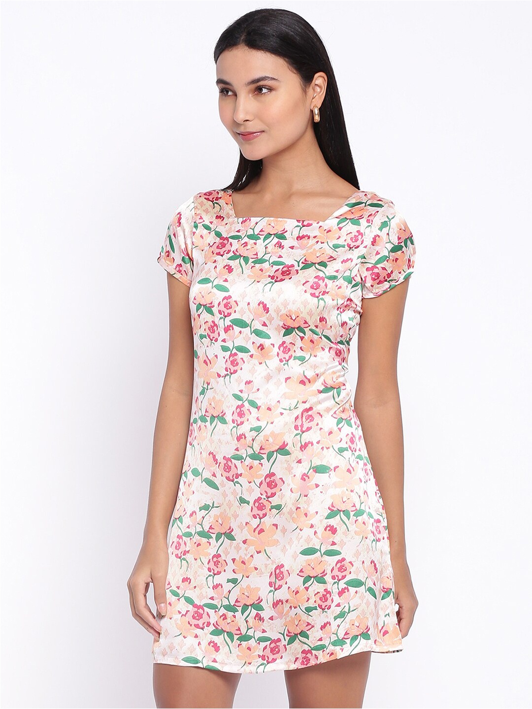 

abof White & Peach-Coloured Floral Printed A-Line Dress