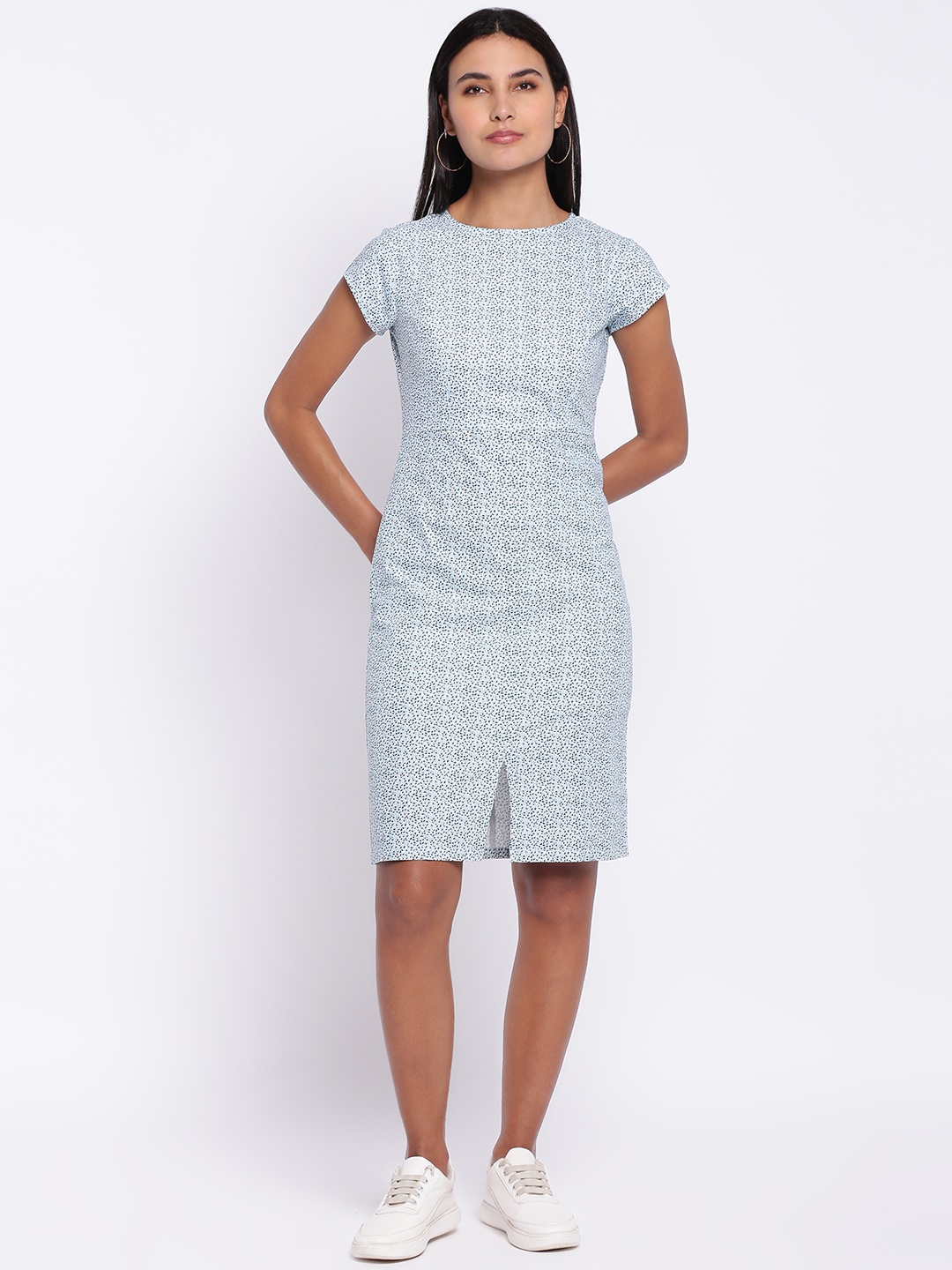 

abof Blue Printed Round Neck Sheath Dress