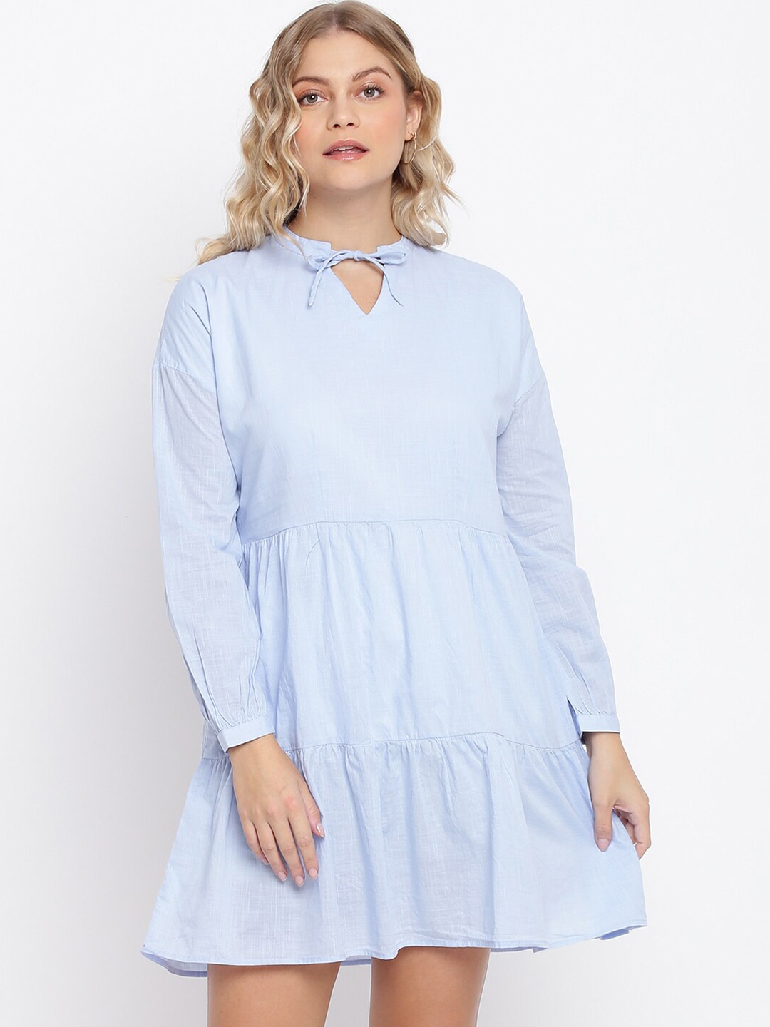 

abof Blue Solid Tie-Up Neck Tiered Dress