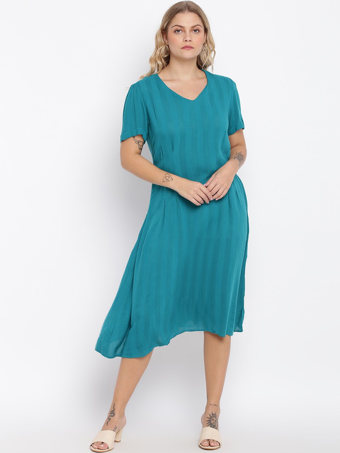 

abof Teal A-Line Striped V-Neck Short Sleeve Midi Dress