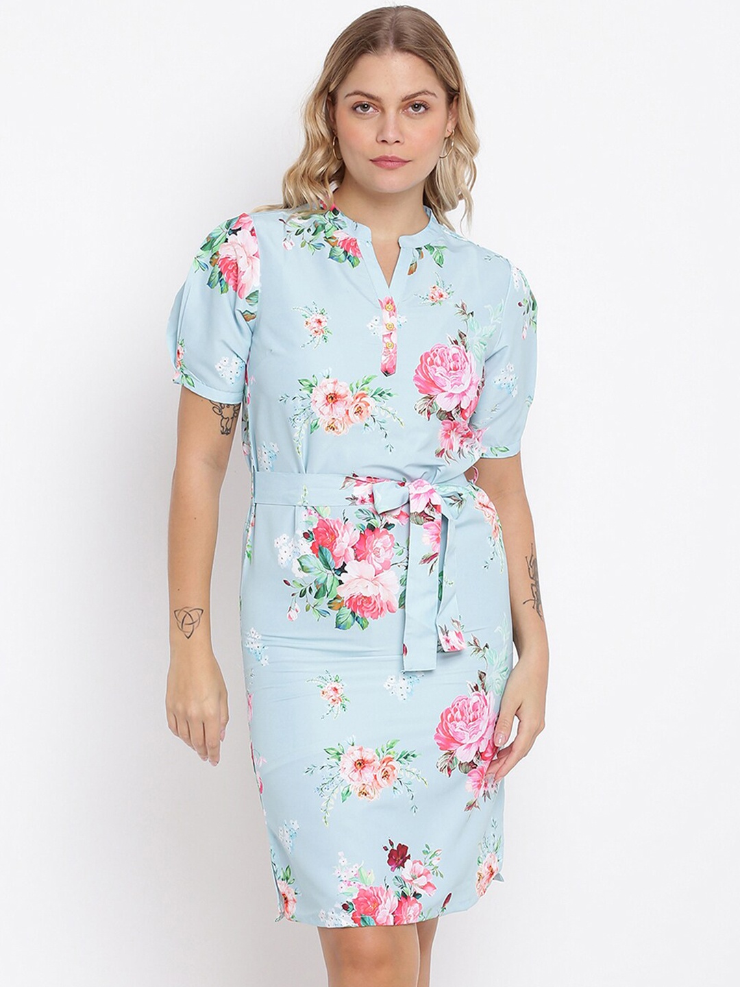 

abof Sea Green & Pink Mandarin Collar Floral Sheath Dress